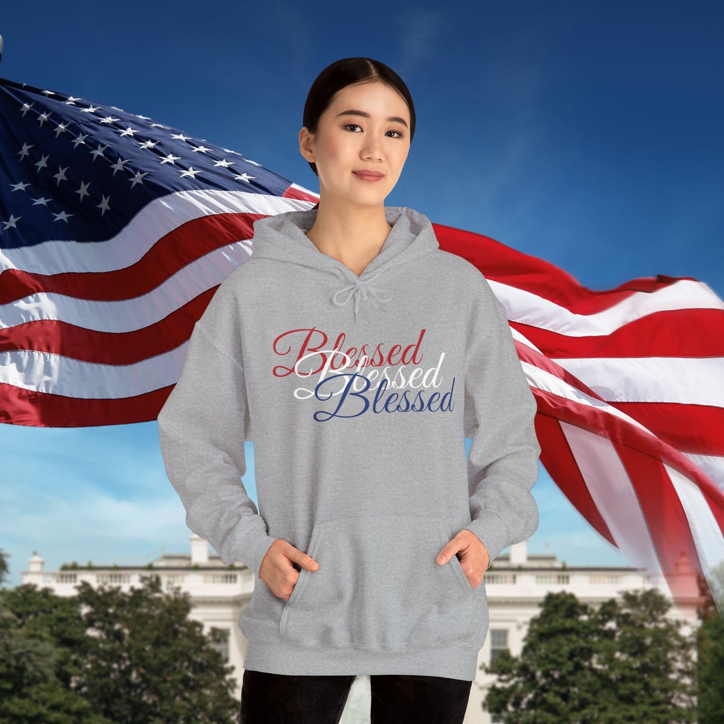 Blessed Hoodie – Patriotic Red, White & Blue Unisex Pullover Sweatshirt with Front & Back Print – Cozy, Positive Vibes Gift