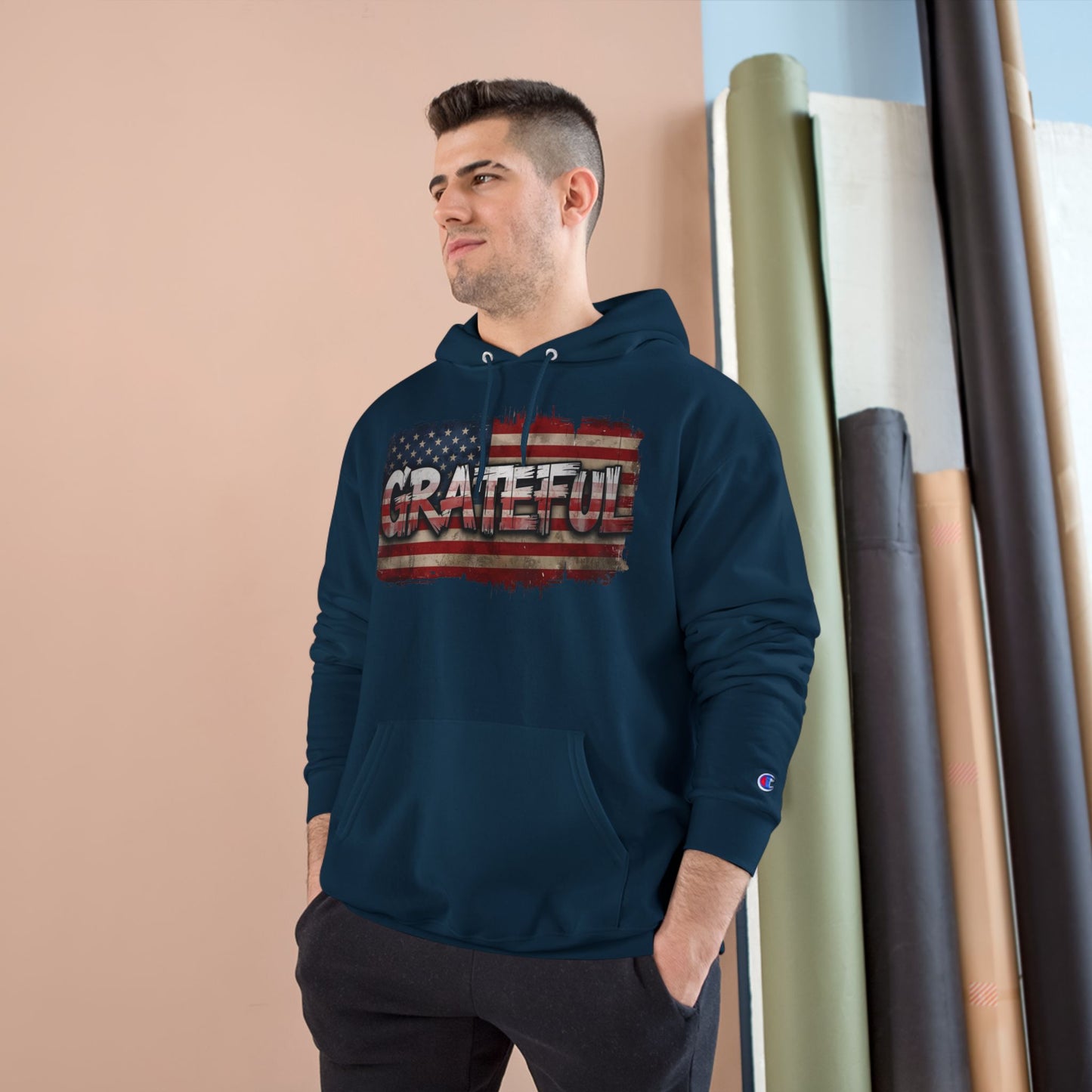 Champion Hoodie - Grateful American Flag - Red White Blue Backdrop