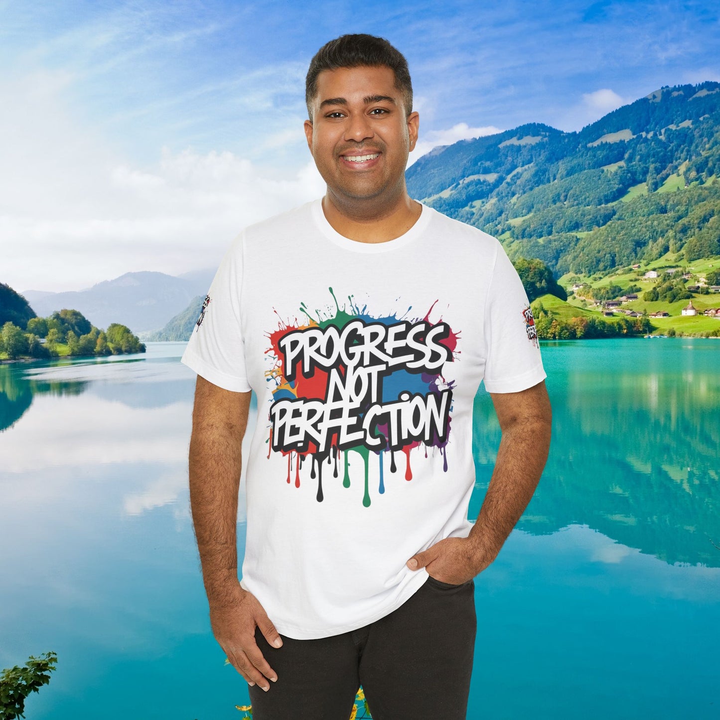 💥 Vibrant 💥 Eye-catching 💥 Motivational 💥 All Over Print 💥 Unisex T-shirt 💥 Progress Not Perfection 💥 Art-Inspired 💥 Apparel 💥 Sizes XS x 4XL 💥