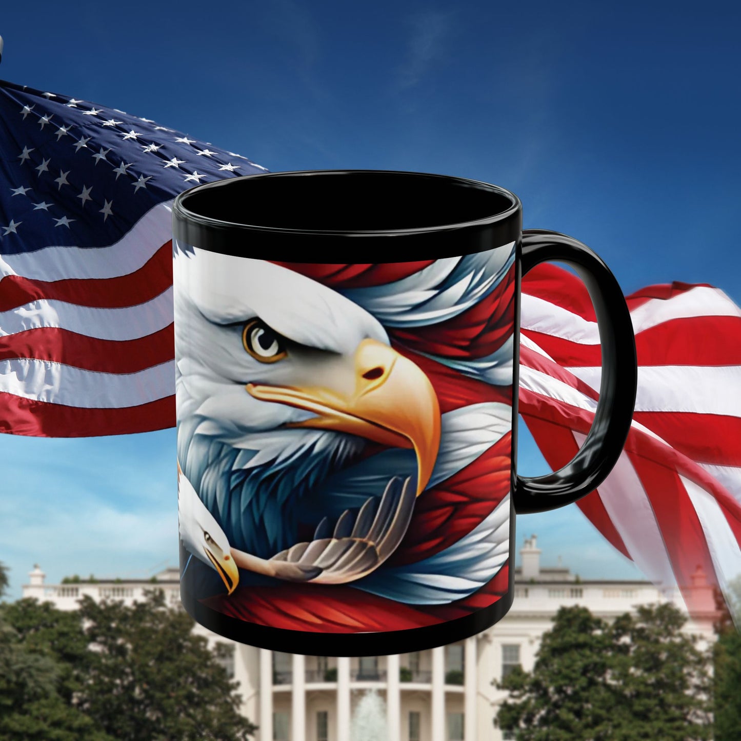 Eye-Catching Patriotic Bald Eagle American Flag Red White & Blue Black Mug 11oz & 15oz Perfect for Celebrations and Gifting