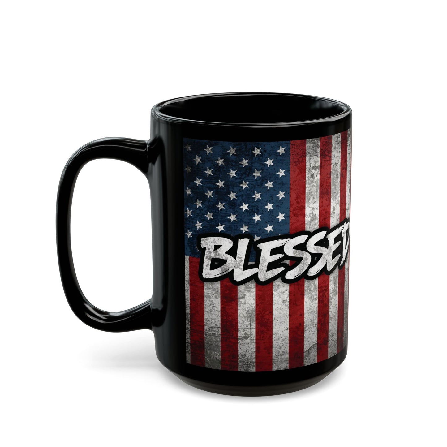 Sleek Ceramic Black Mug Blessed - American Flag - Patriotic Coffee Lover Gift - Home Decor - 11oz - 15oz