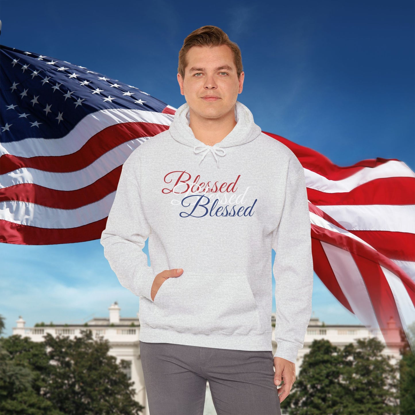 Blessed Hoodie – Patriotic Red, White & Blue Unisex Pullover Sweatshirt with Front & Back Print – Cozy, Positive Vibes Gift