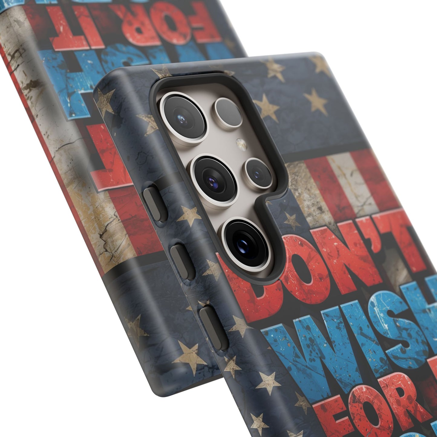 Motivational Phone Case - Don't Wish for It, Work for It | Patriotic Design, Gift for Fitness Lovers, USA Flag, Inspirational Decor