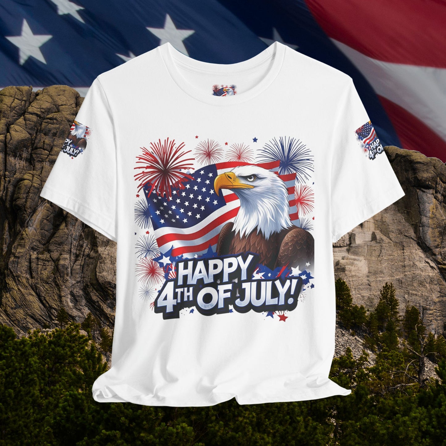 Happy 4th of July, Print Design, Unisex T-Shirt, Patriotic Print Design, Independence Day Shirt, Red White Blue Shirt, USA Tee Gift, Gift For Her, Gift For Him, American Flag, Bald Eagle
