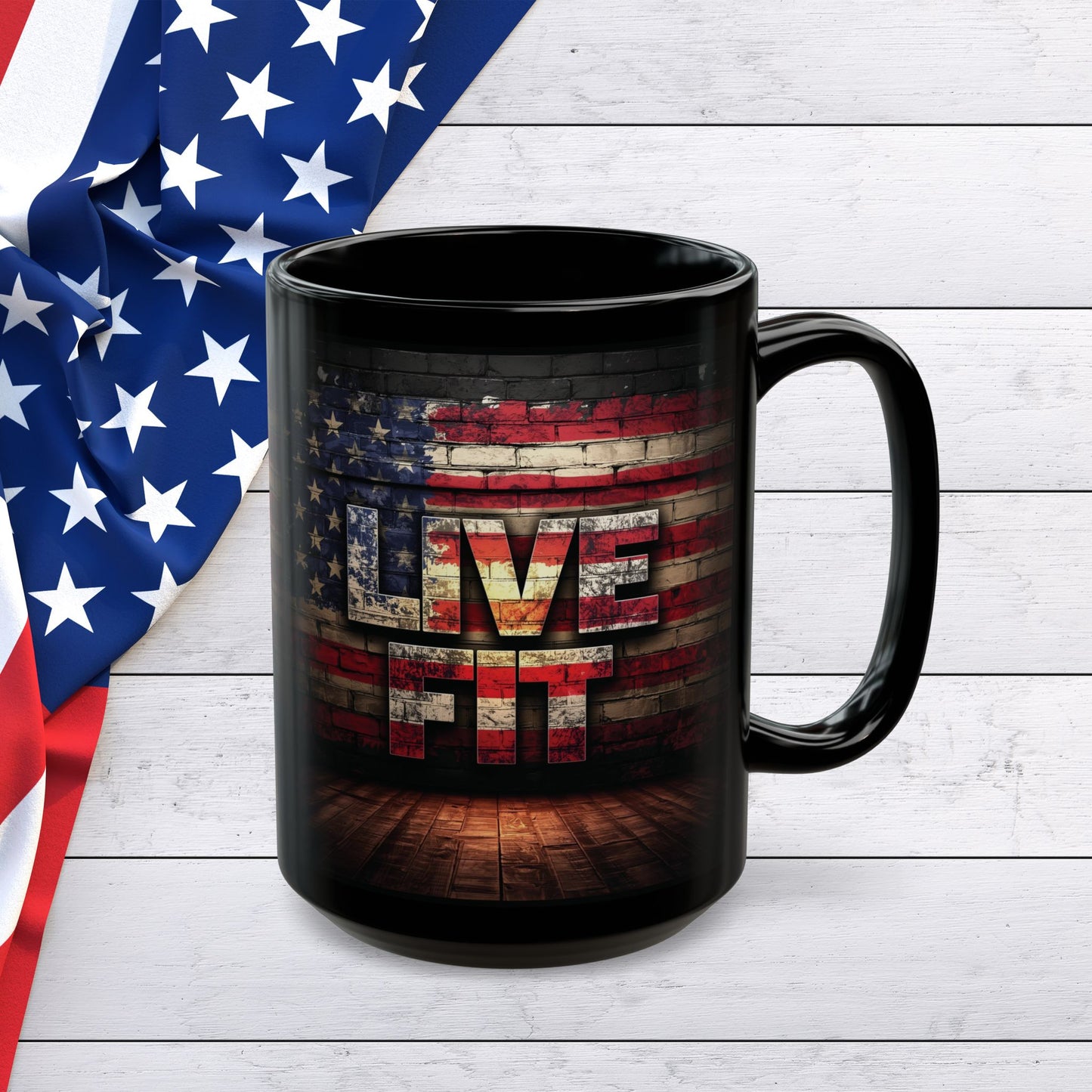 Patriotic Coffee Mug - LIVE FIT Black Ceramic Mug - USA Flag Backdrop Design - Gift for Fitness Enthusiasts - Independence Day - Home Office Decor - 11oz - 15oz -