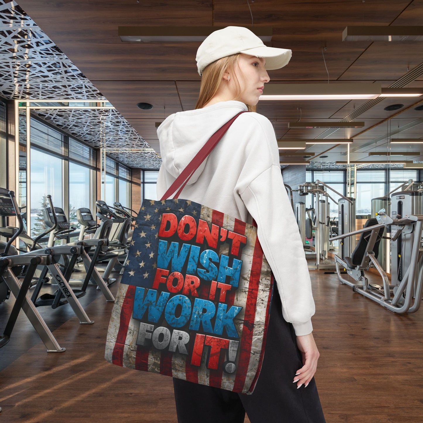 Motivational Tote Bag | American Flag Design | Don't Wish For It, Work For It | Gym, Grocery, Travel, Gifts, Everyday Carry