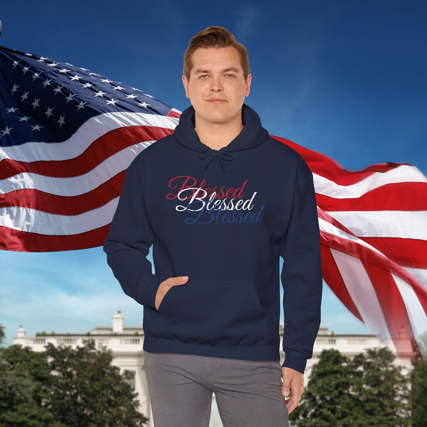 Blessed Hoodie – Patriotic Red, White & Blue Unisex Pullover Sweatshirt with Front & Back Print – Cozy, Positive Vibes Gift