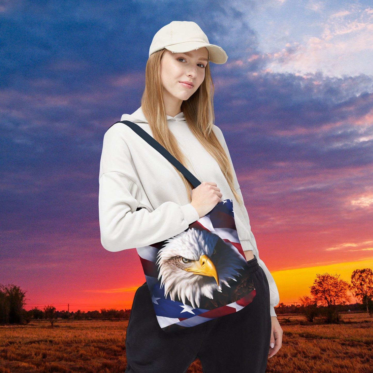 Patriotic Stylish American Flag Bald Eagle Red White & Blue All Over Print Tote Bag