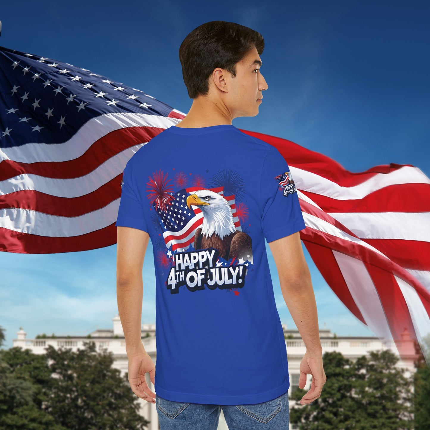 Happy 4th of July, Print Design, Unisex T-Shirt, Patriotic Print Design, Independence Day Shirt, Red White Blue Shirt, USA Tee Gift, Gift For Her, Gift For Him, American Flag, Bald Eagle