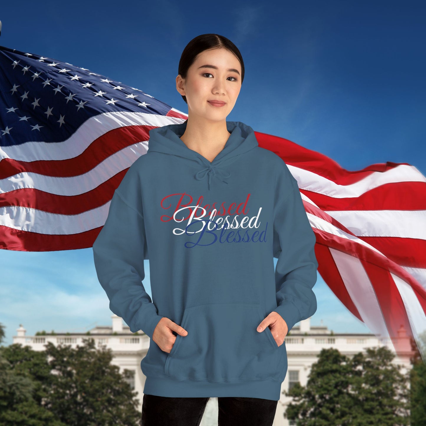 Blessed Hoodie – Patriotic Red, White & Blue Unisex Pullover Sweatshirt with Front & Back Print – Cozy, Positive Vibes Gift