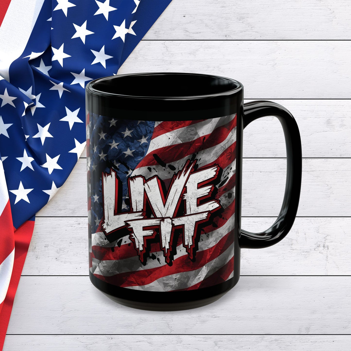 Stylish Black Ceramic Mug - LIVE FIT Design - American Flag Backdrop - Red White Blue