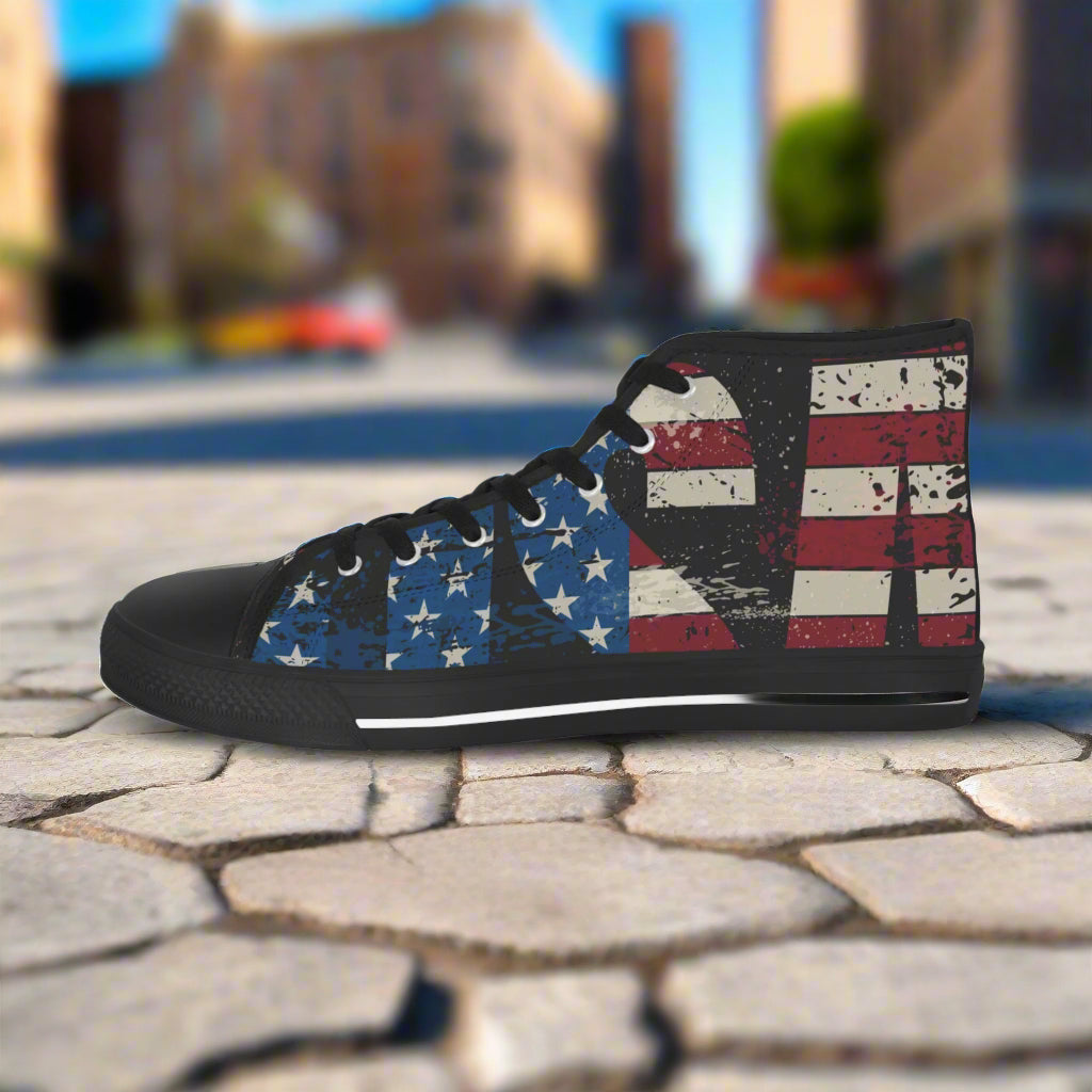 💥USA 💥 Red White & Blue 💥Unisex 💥 High Top Sneakers 💥 Patriotic Vibe 💥 Full Wrap Around Print 💥
