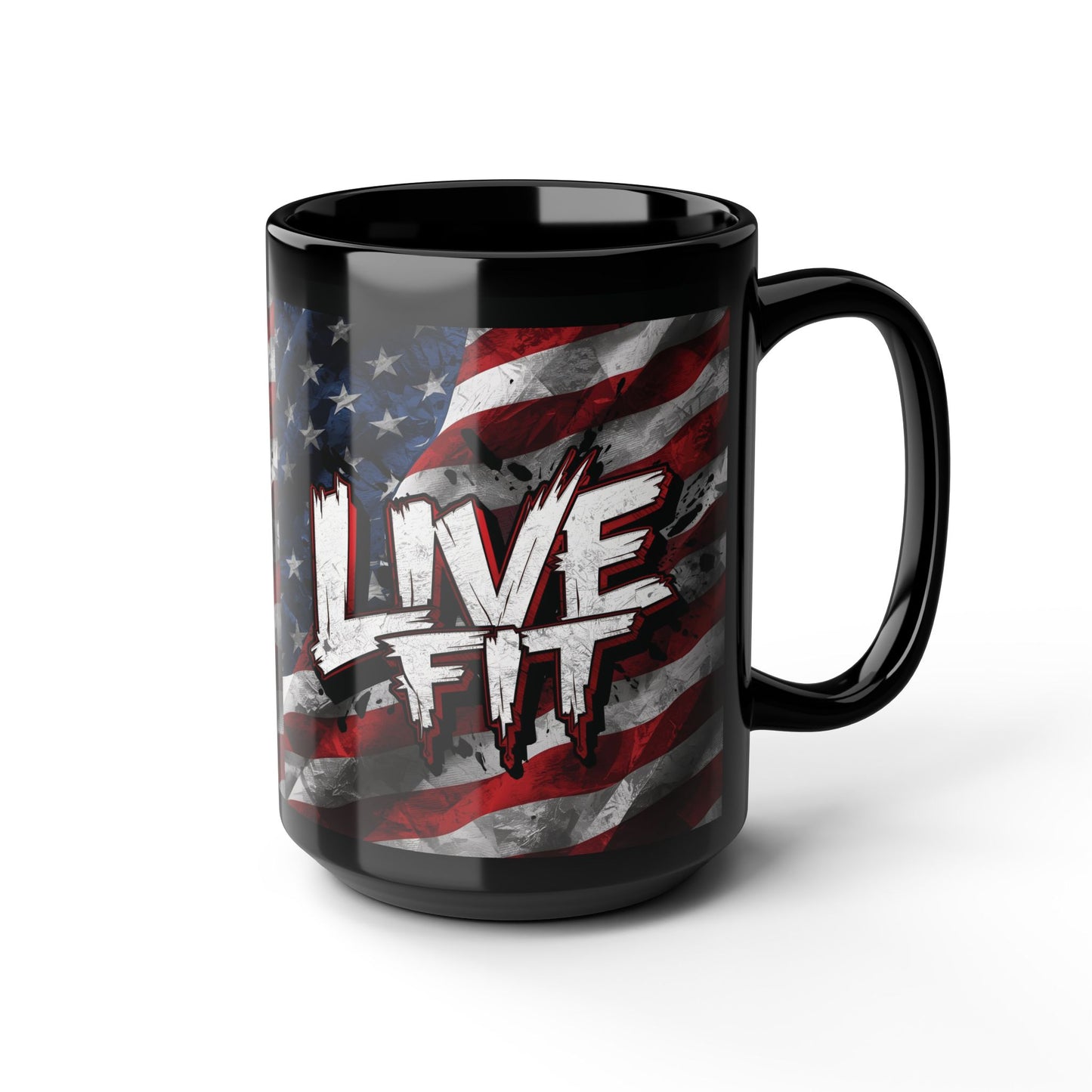 Stylish Black Ceramic Mug - LIVE FIT Design - American Flag Backdrop - Red White Blue