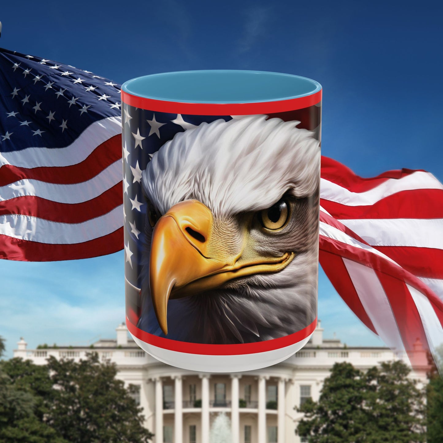 Patriotic Bald Eagle Coffee Mug – American Flag Accent Cup for Proud Americans & Veterans (11oz & 15oz, Multiple Colors)