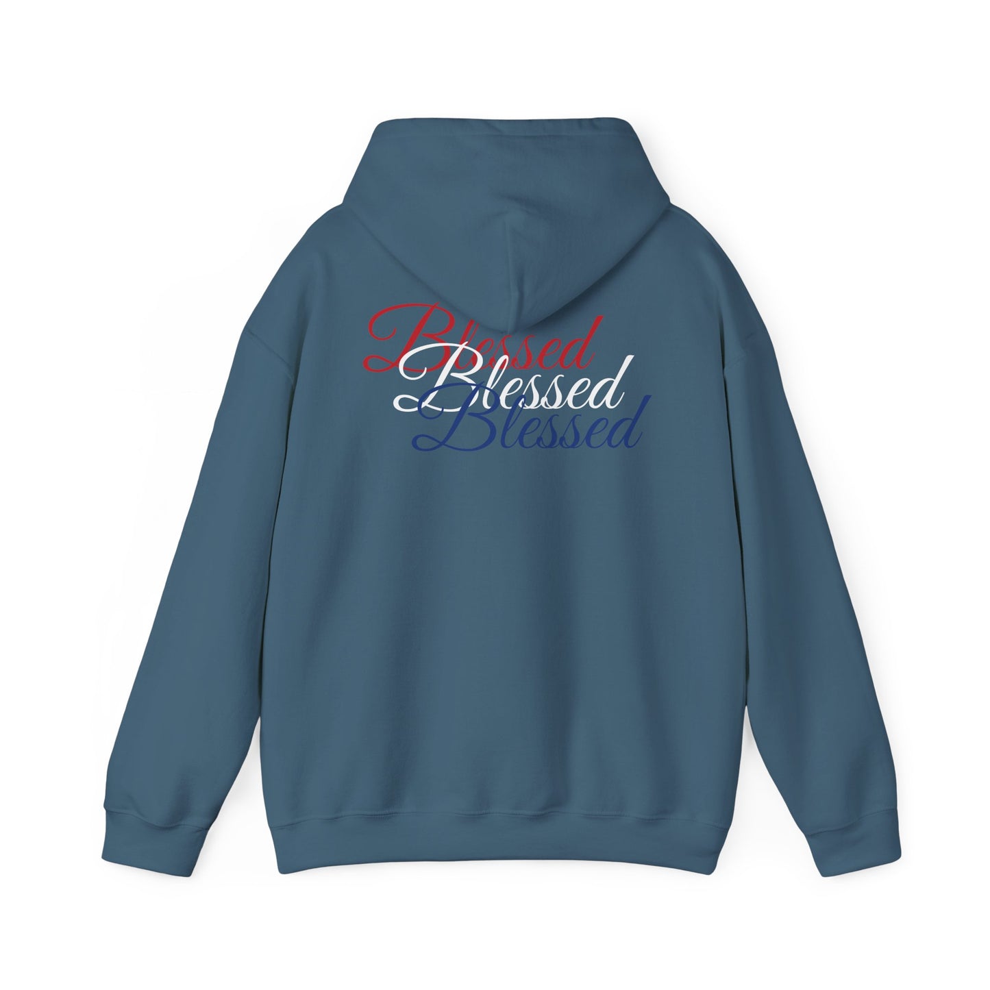 Blessed Hoodie – Patriotic Red, White & Blue Unisex Pullover Sweatshirt with Front & Back Print – Cozy, Positive Vibes Gift