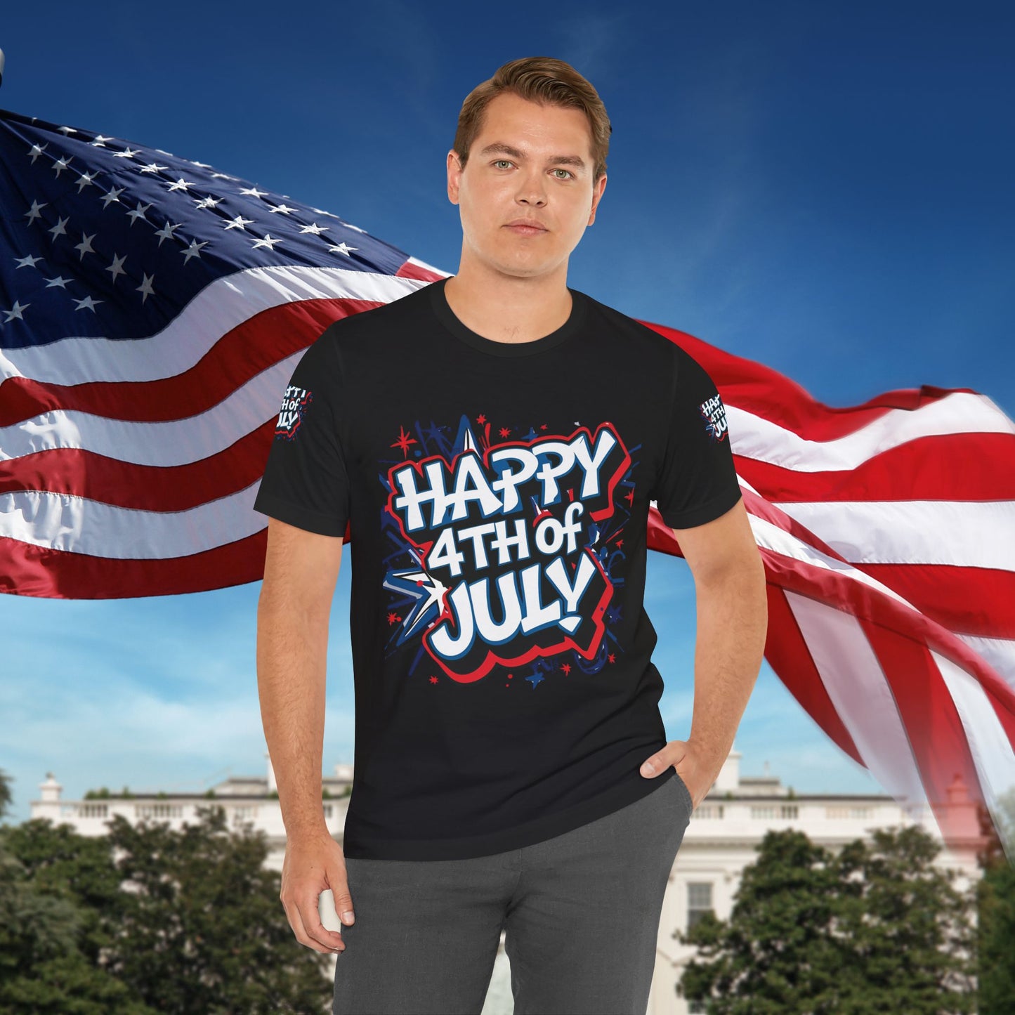 Happy 4th Of July Unisex Jersey Short Sleeve Tee, Independence Day T-Shirt, Patriotic Shirt, Red White Blue Tee, USA Celebration Top