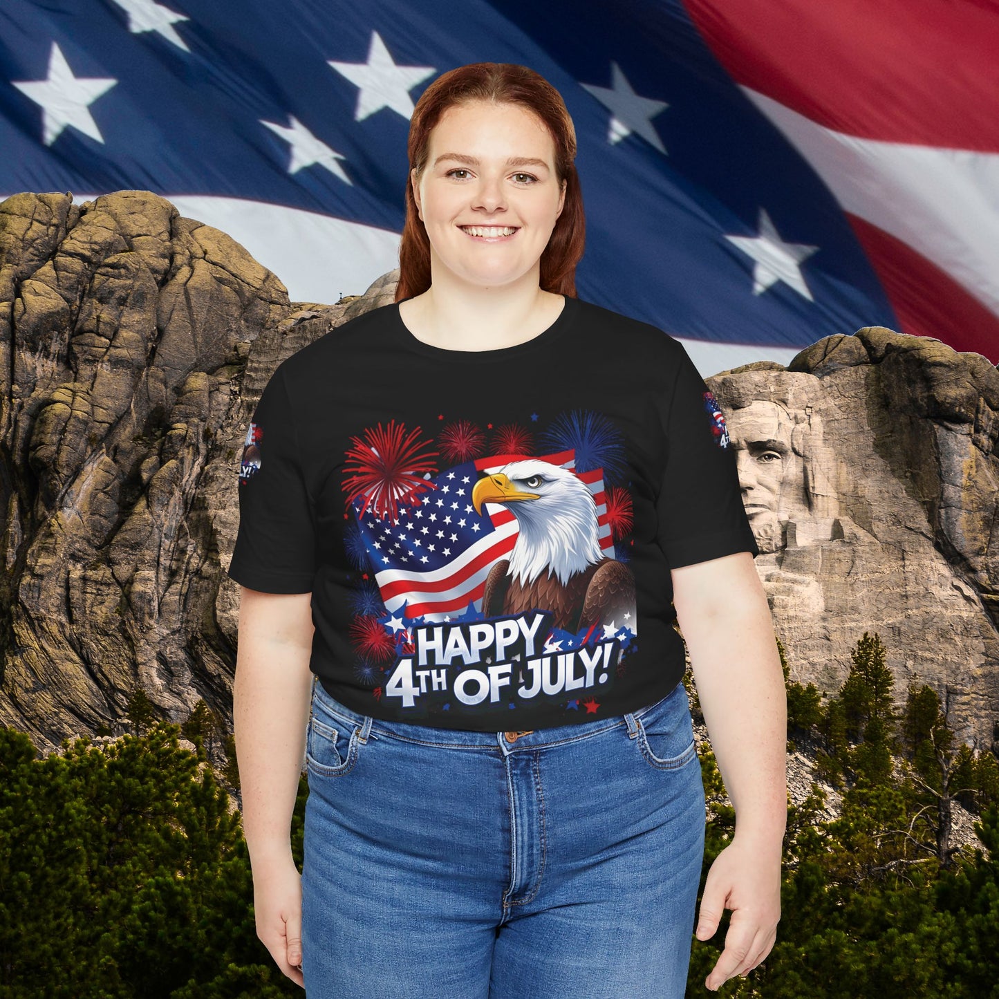 Happy 4th of July, Print Design, Unisex T-Shirt, Patriotic Print Design, Independence Day Shirt, Red White Blue Shirt, USA Tee Gift, Gift For Her, Gift For Him, American Flag, Bald Eagle