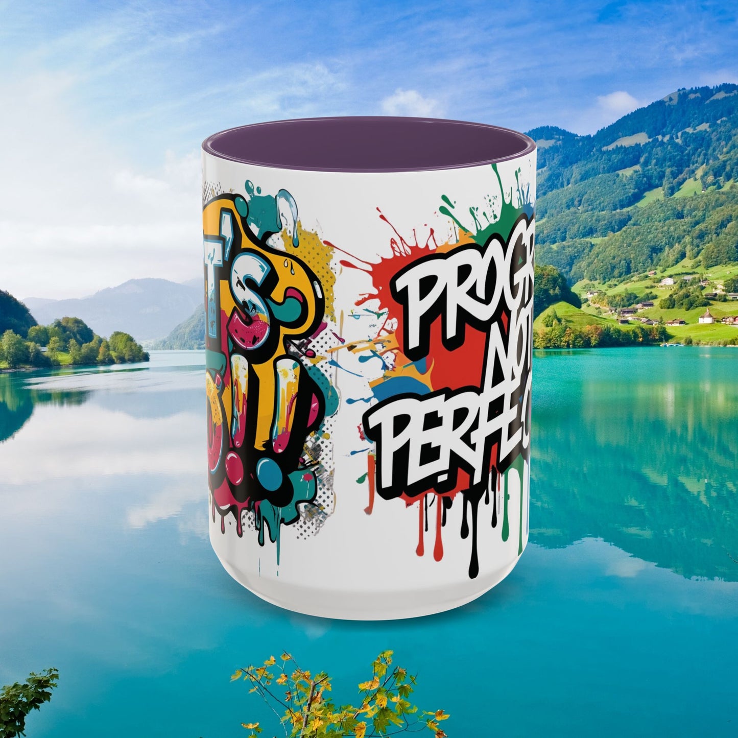 Vibrant Ceramic Mug Inspirational Let's Go! Graffiti Mug Coffee Mug Progress Not Perfection Sizes 11oz & 15oz Birthday Gift Graduation Gift 8 Different Color Options