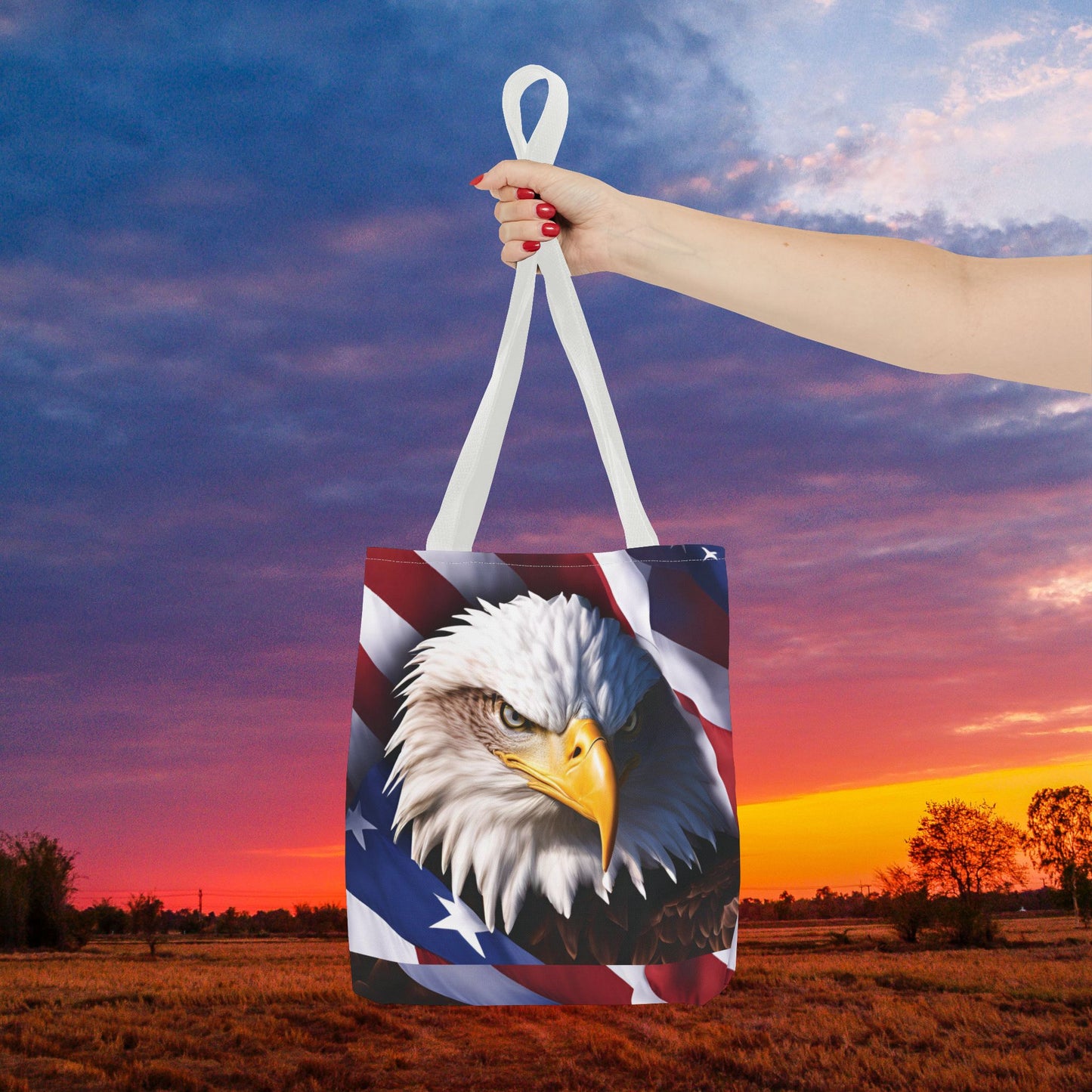 Patriotic Stylish American Flag Bald Eagle Red White & Blue All Over Print Tote Bag