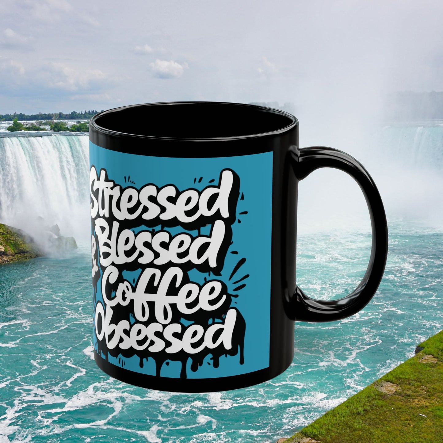 Coffee Lover's 11oz & 15oz Sleek Black Ceramic Mug - Stressed, Blessed & Coffee Obsessed Print, Gift for Coffee Lovers, Gift For Her, Inspirational Mug, Home & Office, Fun Gift Idea