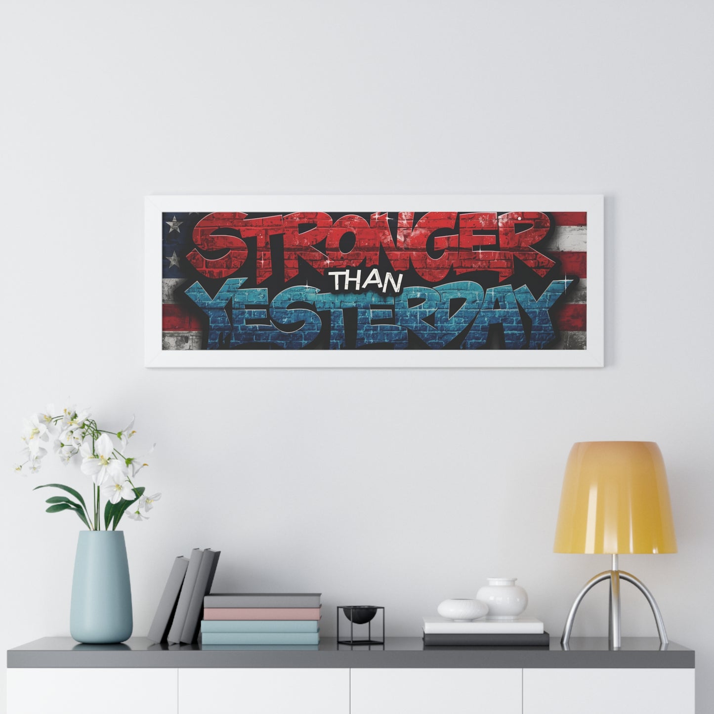 Patriotic Stronger Than Yesterday Red White Blue Wall Art Print, Framed Horizontal Poster, Inspirational Home Decor, Gift for Veterans, Americana Decor, Motivational Art