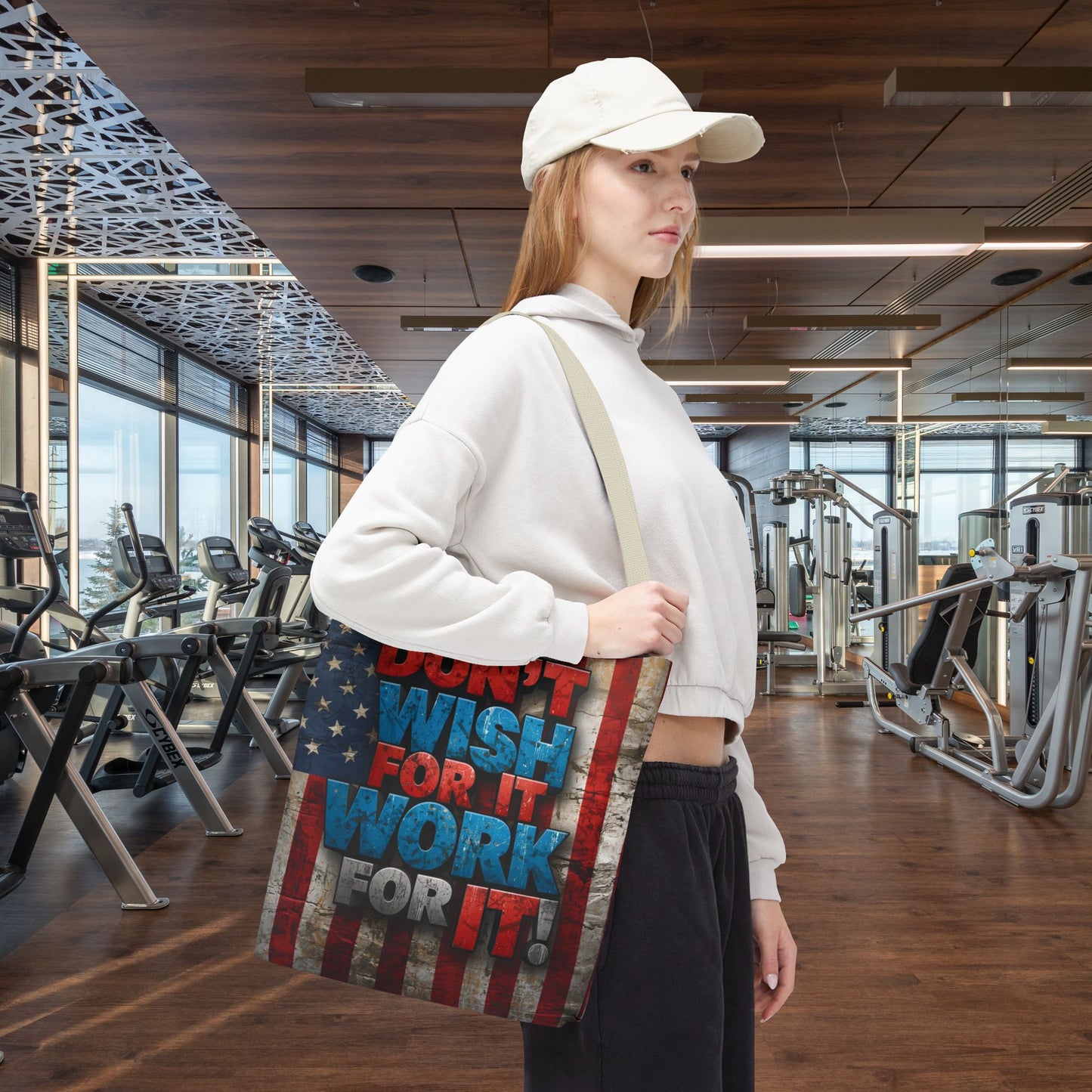 Motivational Tote Bag | American Flag Design | Don't Wish For It, Work For It | Gym, Grocery, Travel, Gifts, Everyday Carry