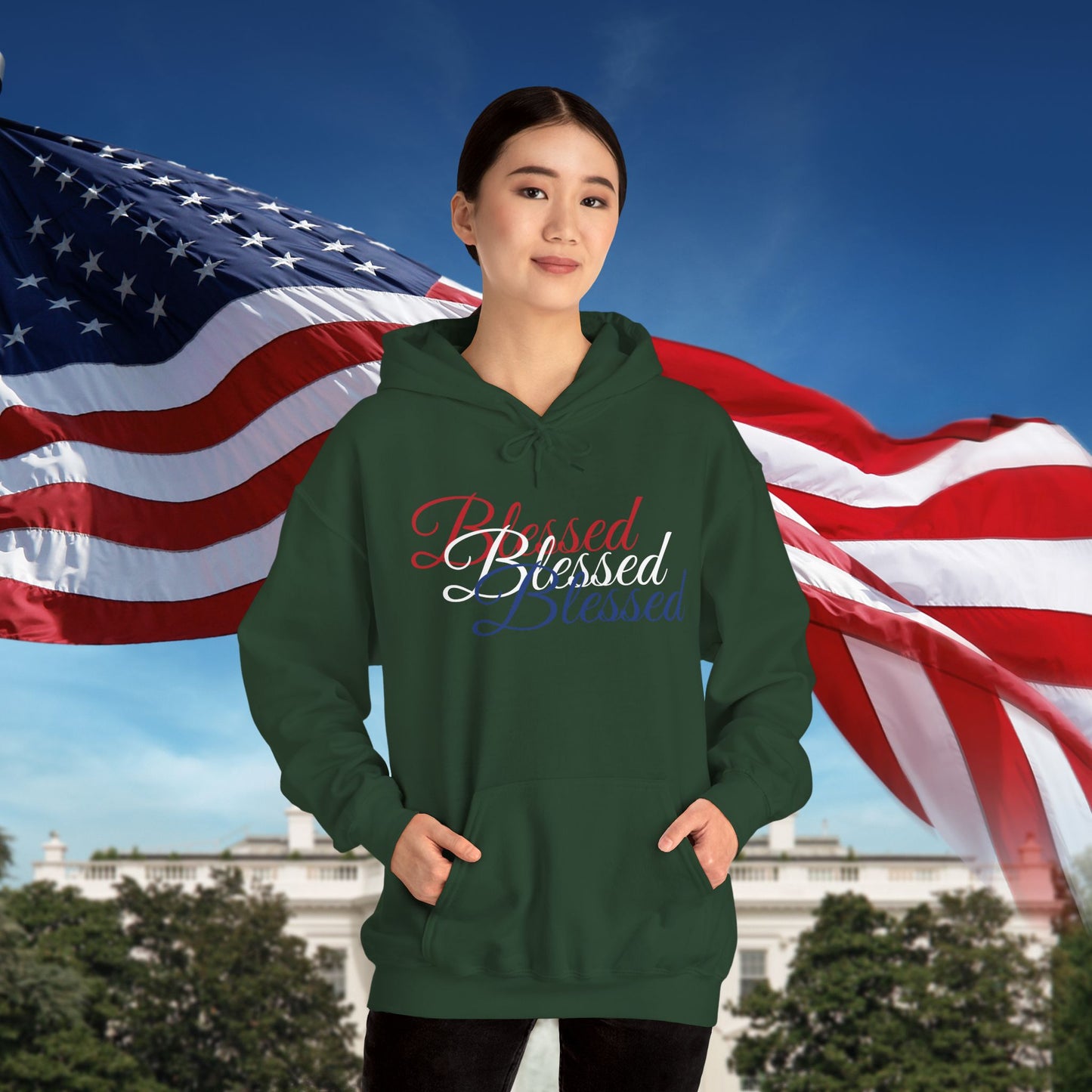 Blessed Hoodie – Patriotic Red, White & Blue Unisex Pullover Sweatshirt with Front & Back Print – Cozy, Positive Vibes Gift