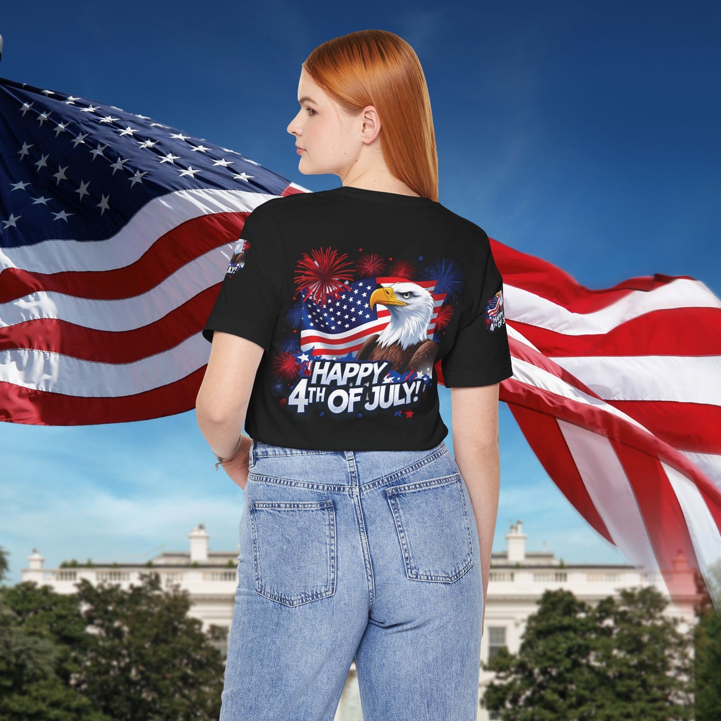 Happy 4th of July, Print Design, Unisex T-Shirt, Patriotic Print Design, Independence Day Shirt, Red White Blue Shirt, USA Tee Gift, Gift For Her, Gift For Him, American Flag, Bald Eagle