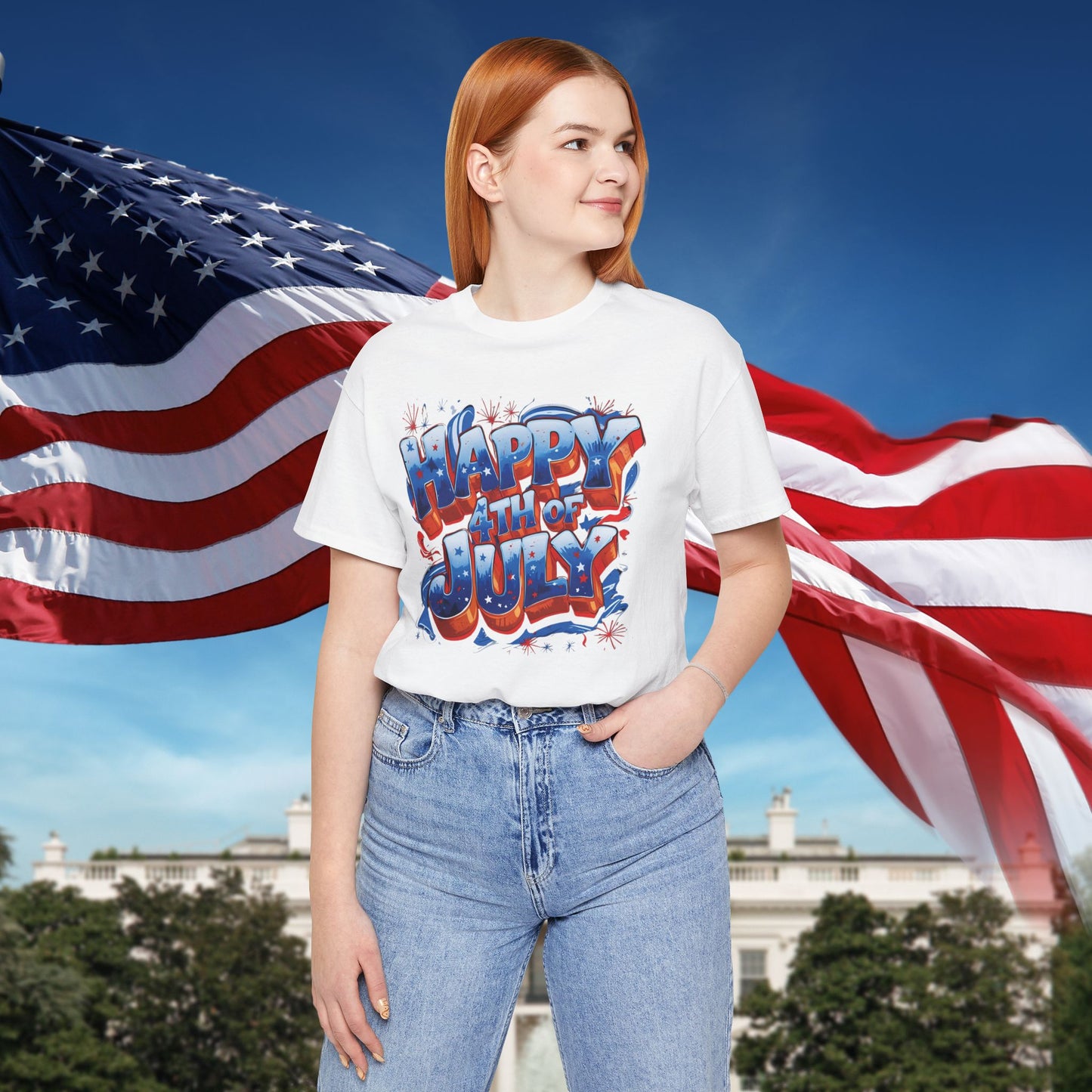 Happy 4th Of July, Print Design T-Shirt, Independence Day, American Flag, Bald Eagle, Red White Blue