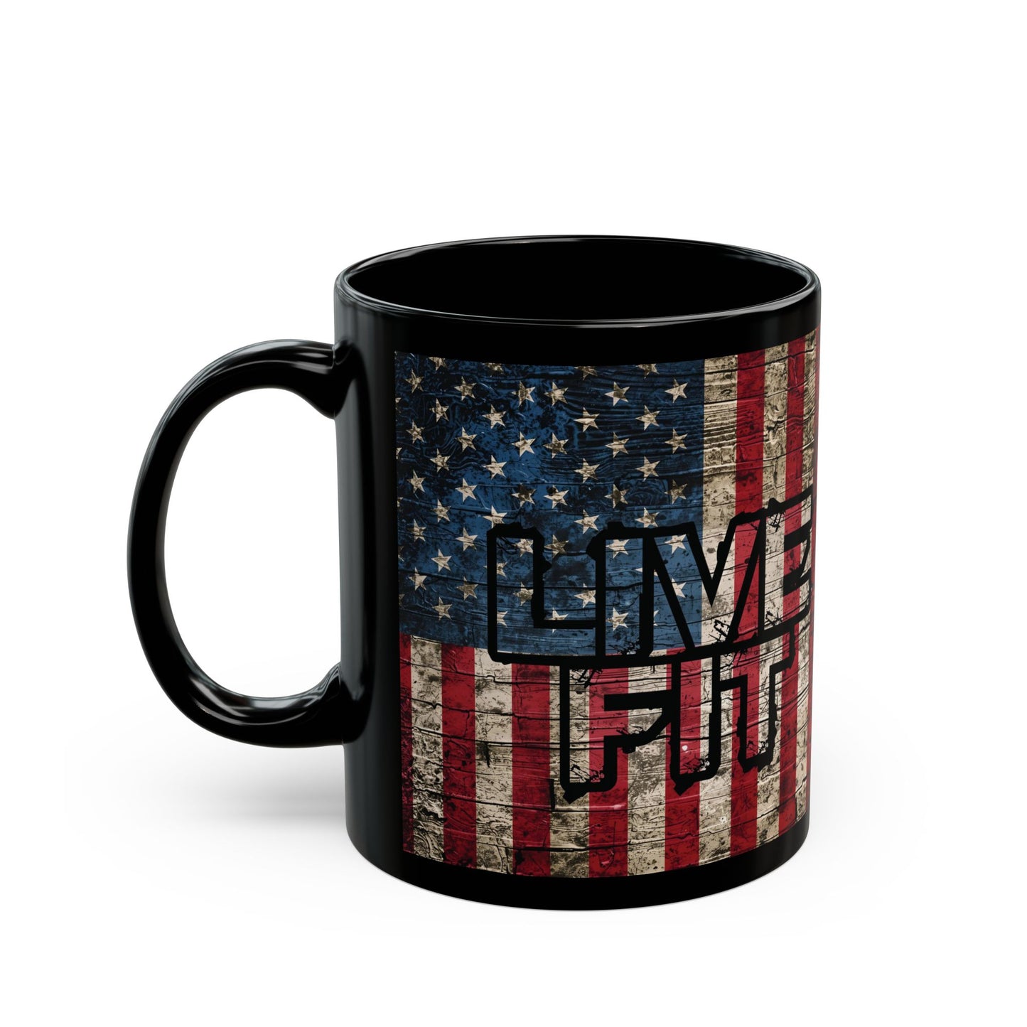 Sleek - Ceramic Black Mug - LIVE FIT - Vintage American Flag Backdrop Design - Gift for Patriots and Coffee Lovers - 11oz - 15oz -