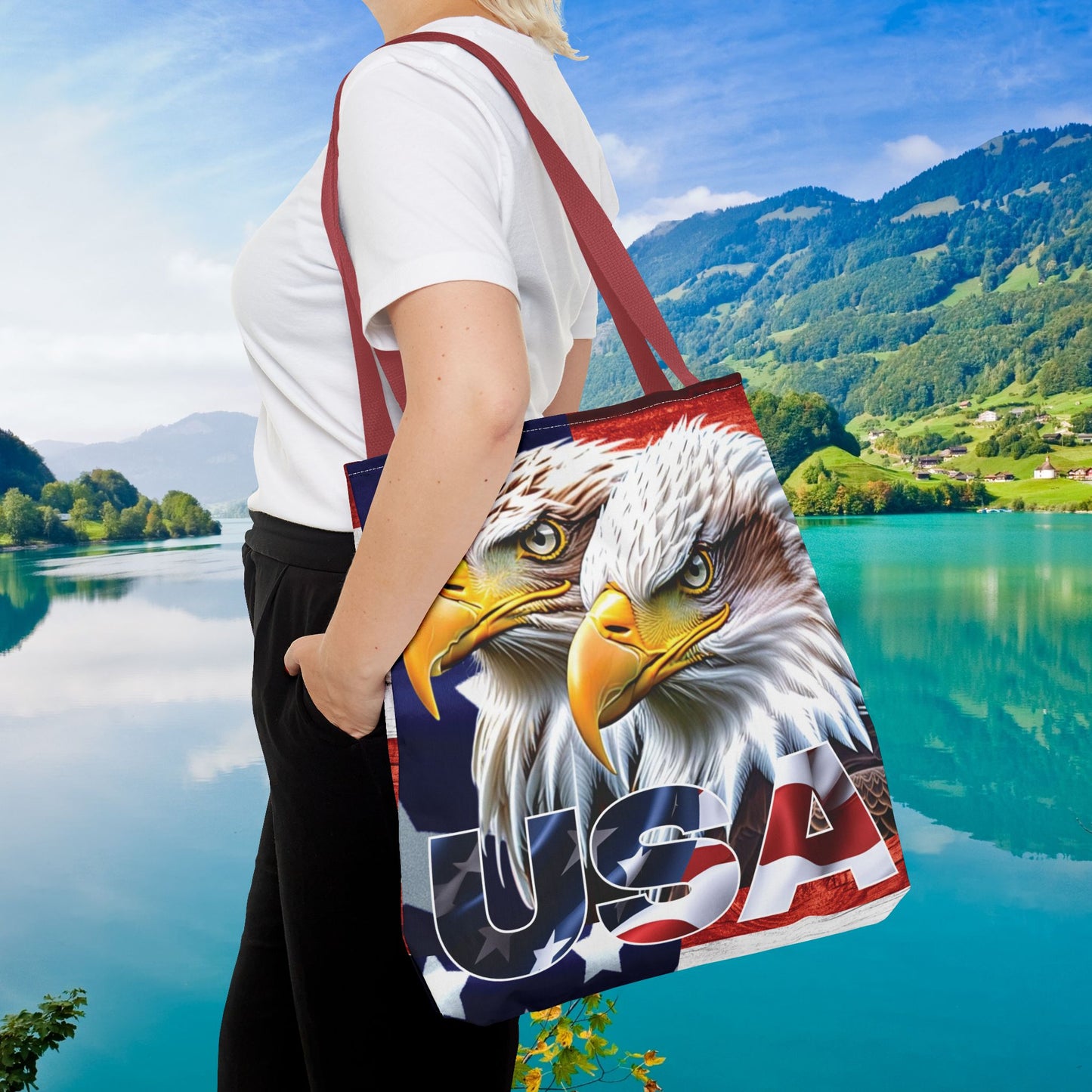 ๐บ๐ธ Patriotic ๐บ๐ธ USA ๐บ๐ธ Bald Eagles ๐บ๐ธ Tote Bag ๐บ๐ธ All Over Print ๐บ๐ธ American Flag Design ๐บ๐ธ Five Different Handle Colors ๐บ๐ธ Red ๐บ๐ธ Navy ๐บ๐ธ Black ๐บ๐ธ Beige ๐บ๐ธ White
