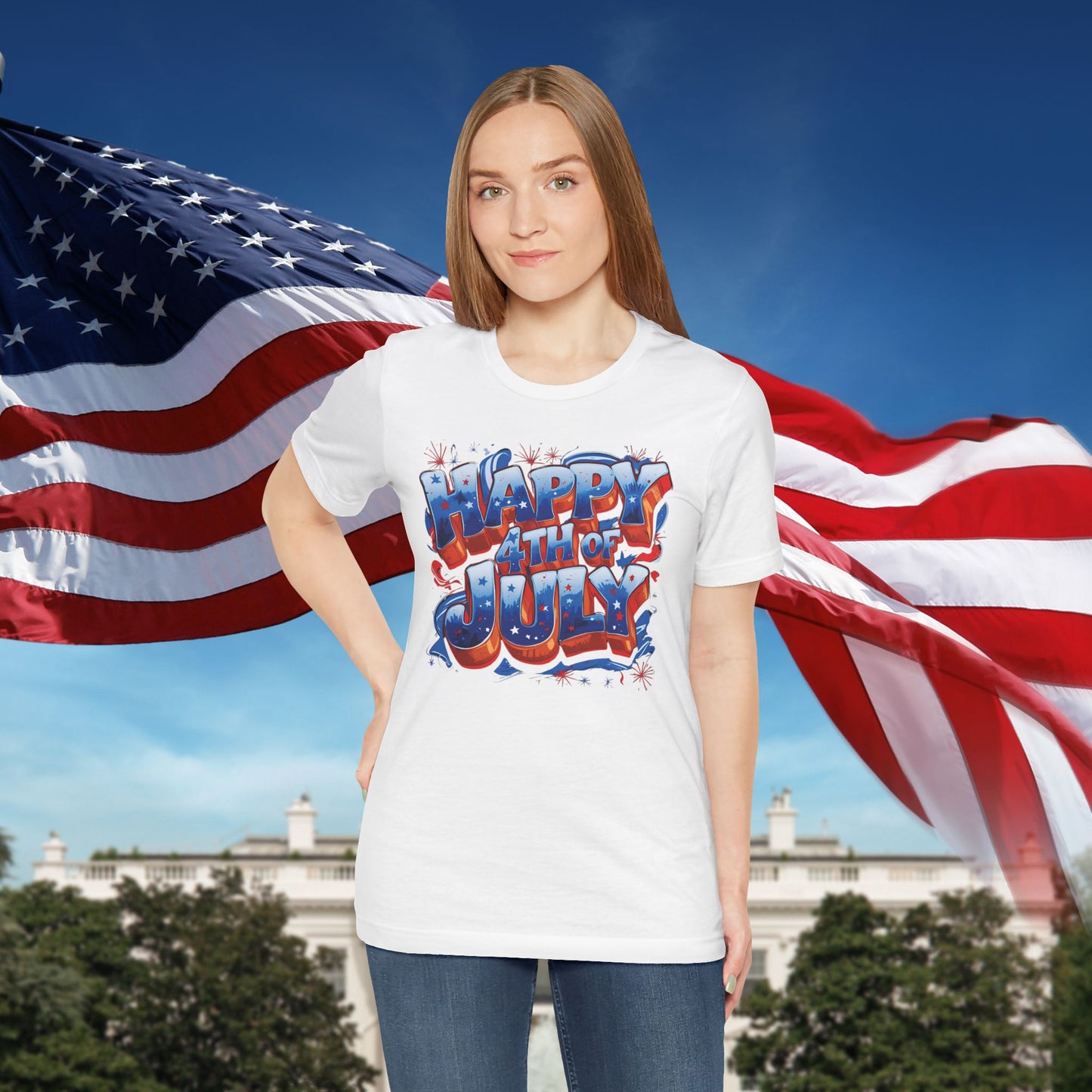Happy 4th Of July, Print Design T-Shirt, Independence Day, American Flag, Bald Eagle, Red White Blue