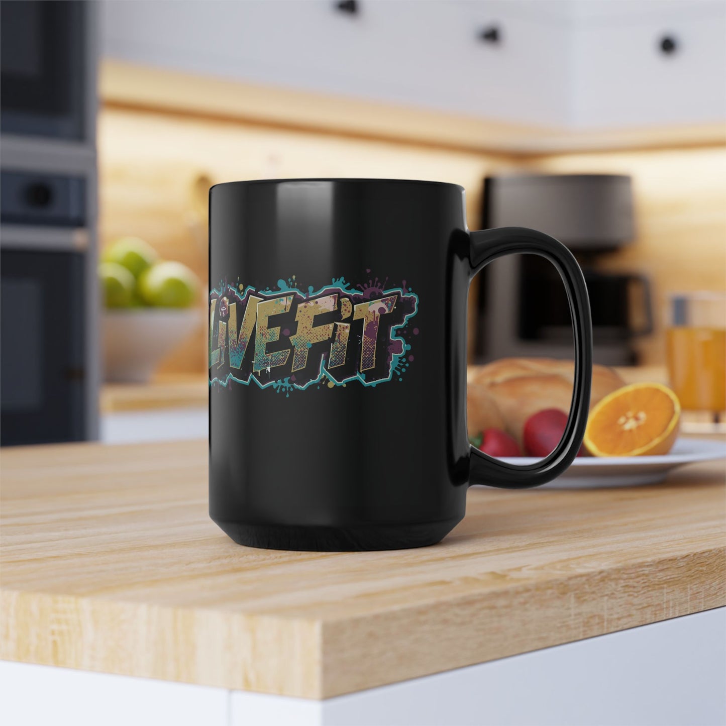 Fitness Motivational Mug - Live Fit Coffee Cup - Workout Gift - Gym Drink-ware - Black Mug for Fitness Enthusiasts - Christmas Gift