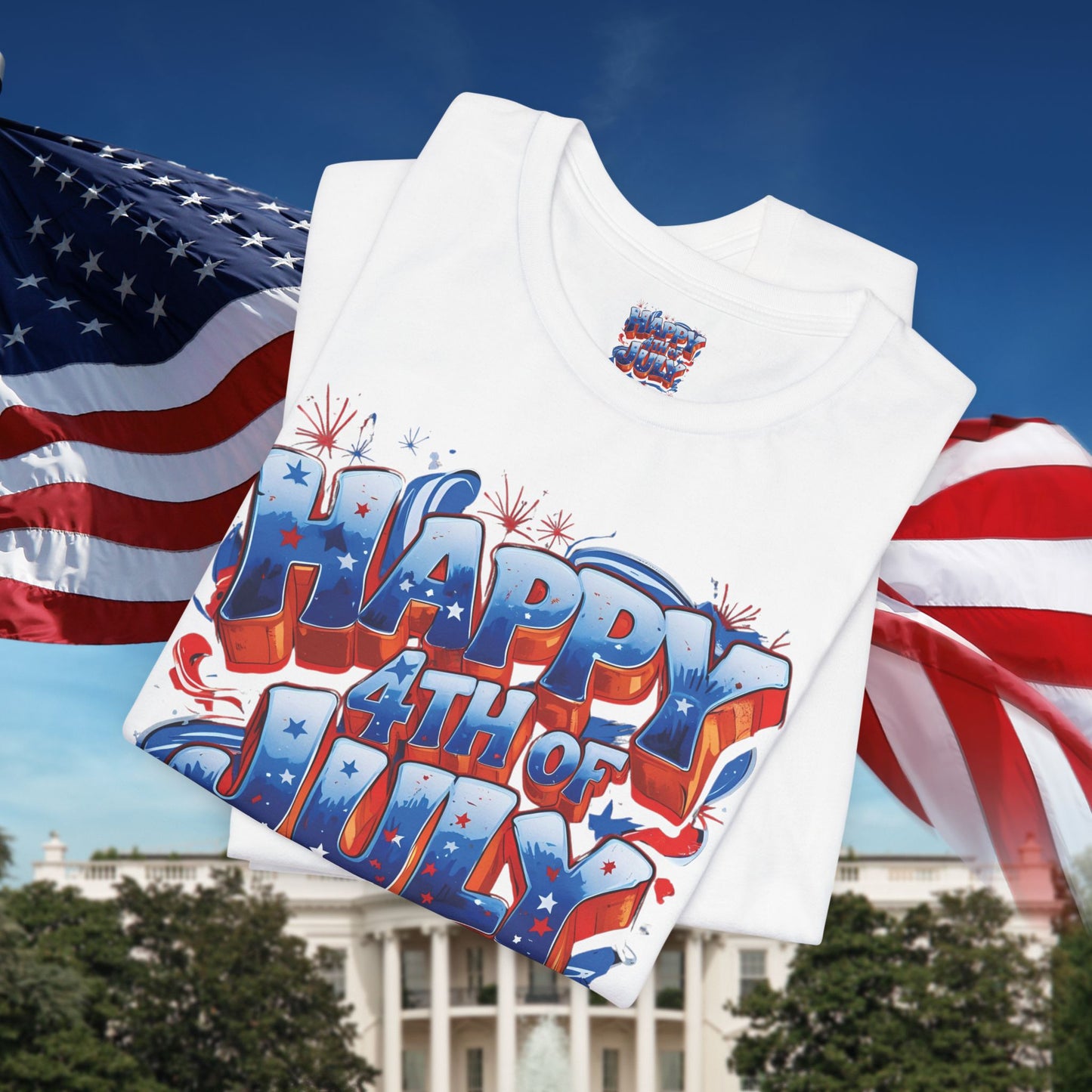 Happy 4th Of July, Print Design T-Shirt, Independence Day, American Flag, Bald Eagle, Red White Blue