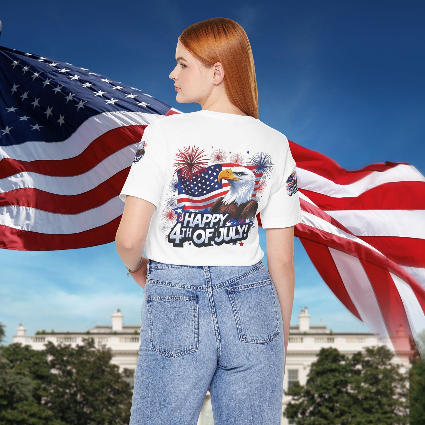 Happy 4th of July, Print Design, Unisex T-Shirt, Patriotic Print Design, Independence Day Shirt, Red White Blue Shirt, USA Tee Gift, Gift For Her, Gift For Him, American Flag, Bald Eagle