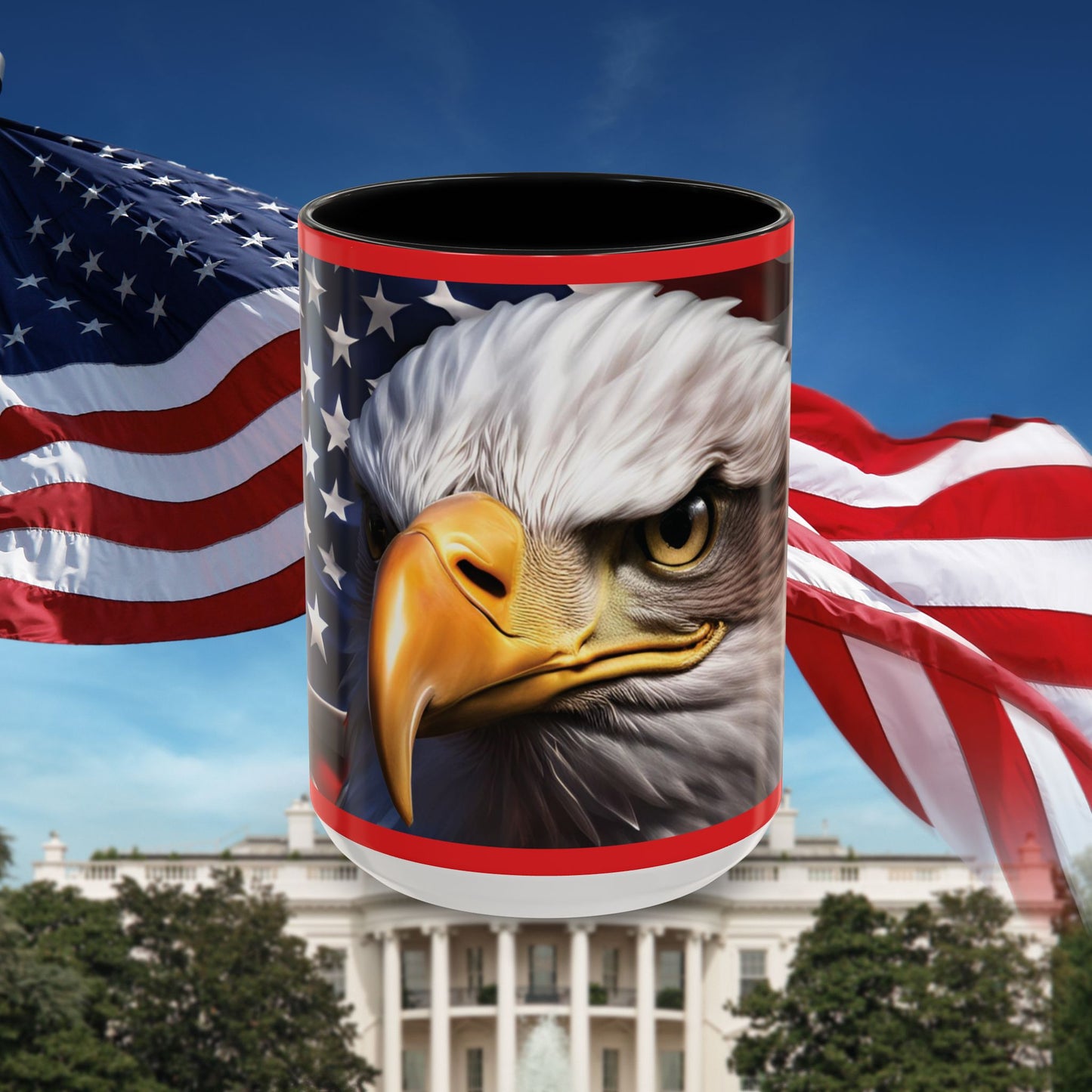 Patriotic Bald Eagle Coffee Mug – American Flag Accent Cup for Proud Americans & Veterans (11oz & 15oz, Multiple Colors)