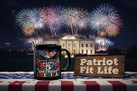 Happy 250th Birthday America Mug | 1776-2026 Patriotic Eagle Flag & Fireworks Black Coffee Cup