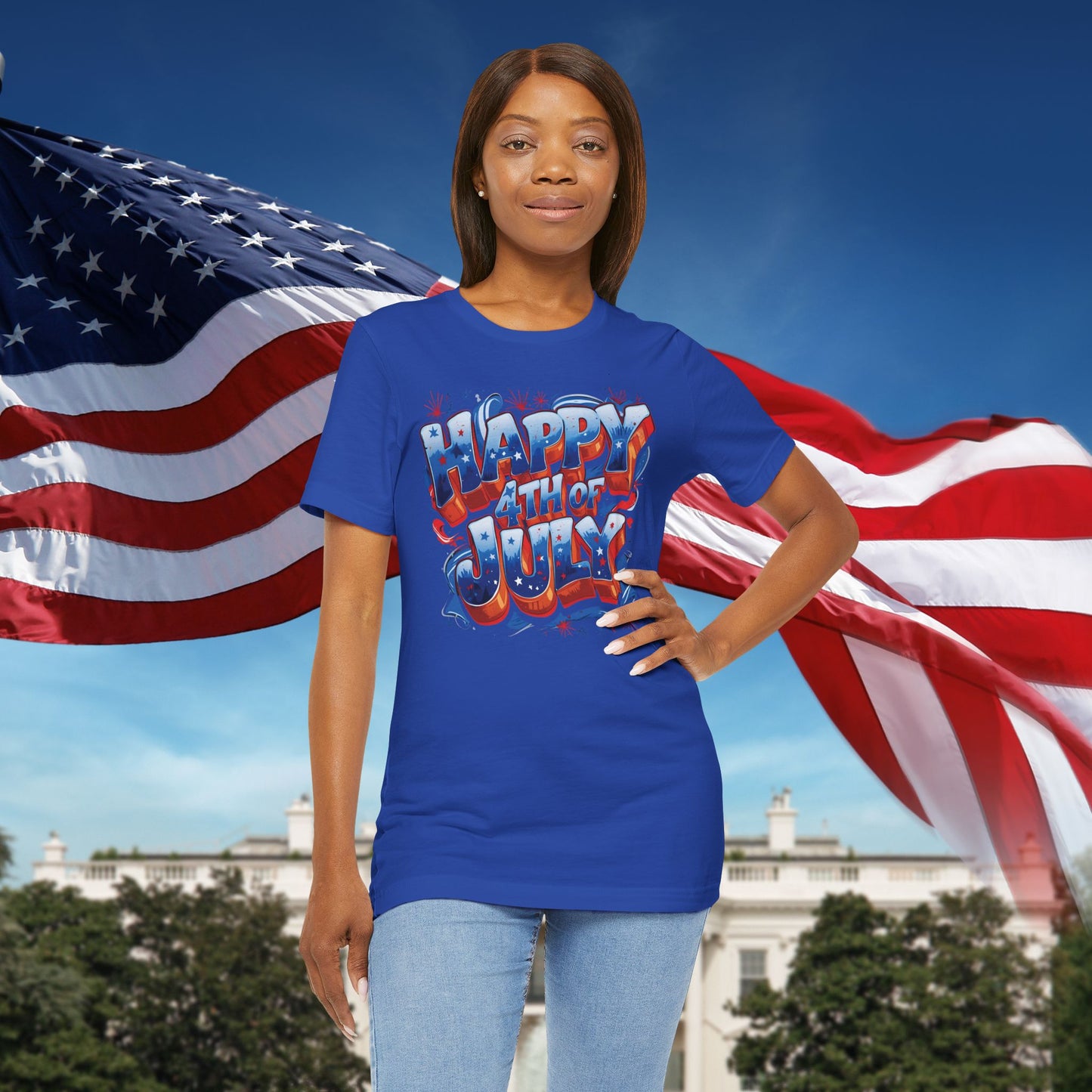 Happy 4th Of July, Print Design T-Shirt, Independence Day, American Flag, Bald Eagle, Red White Blue