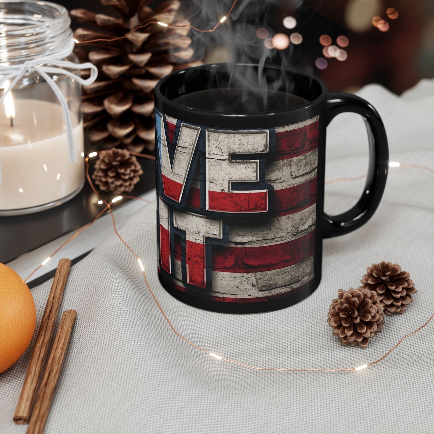 Eye-Catching - Red White Blue - Black Ceramic Mug - LIVE FIT - American Flag Backdrop