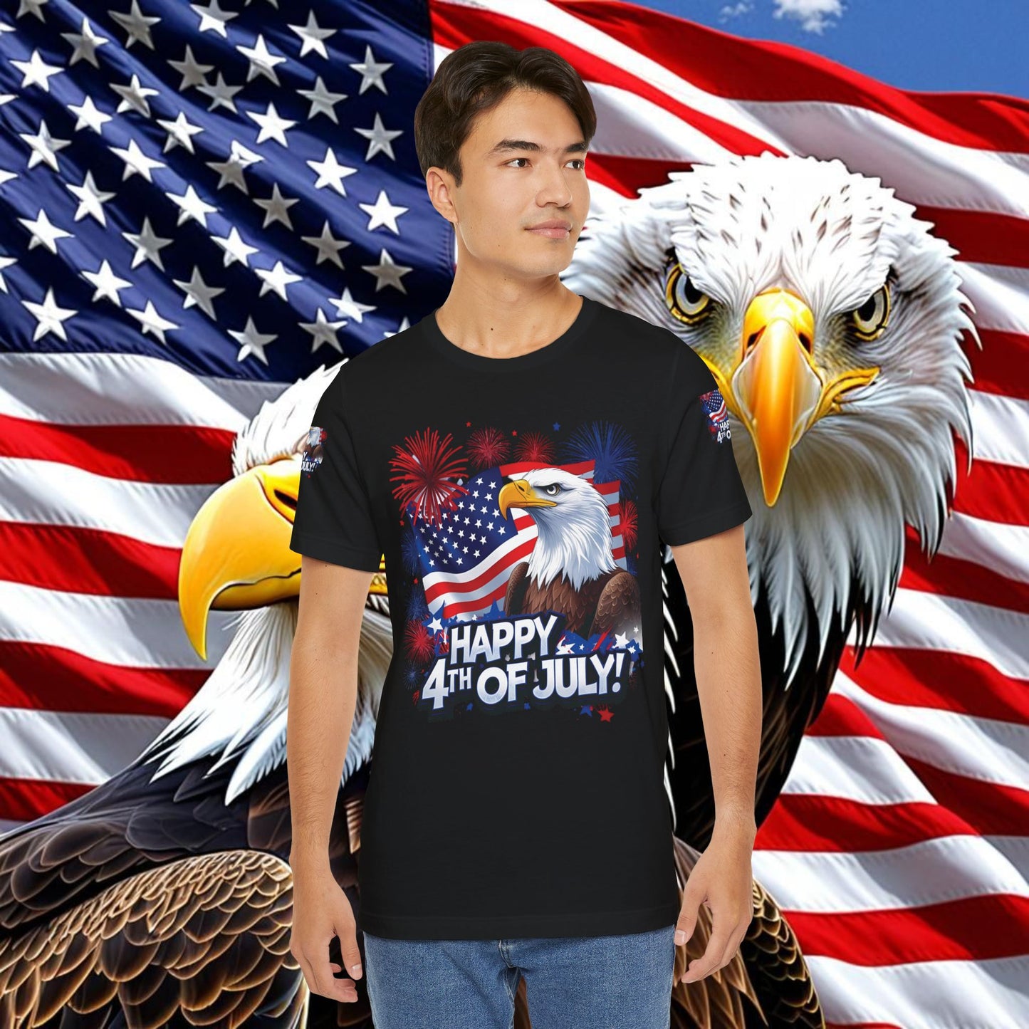 Happy 4th of July, Print Design, Unisex T-Shirt, Patriotic Print Design, Independence Day Shirt, Red White Blue Shirt, USA Tee Gift, Gift For Her, Gift For Him, American Flag, Bald Eagle