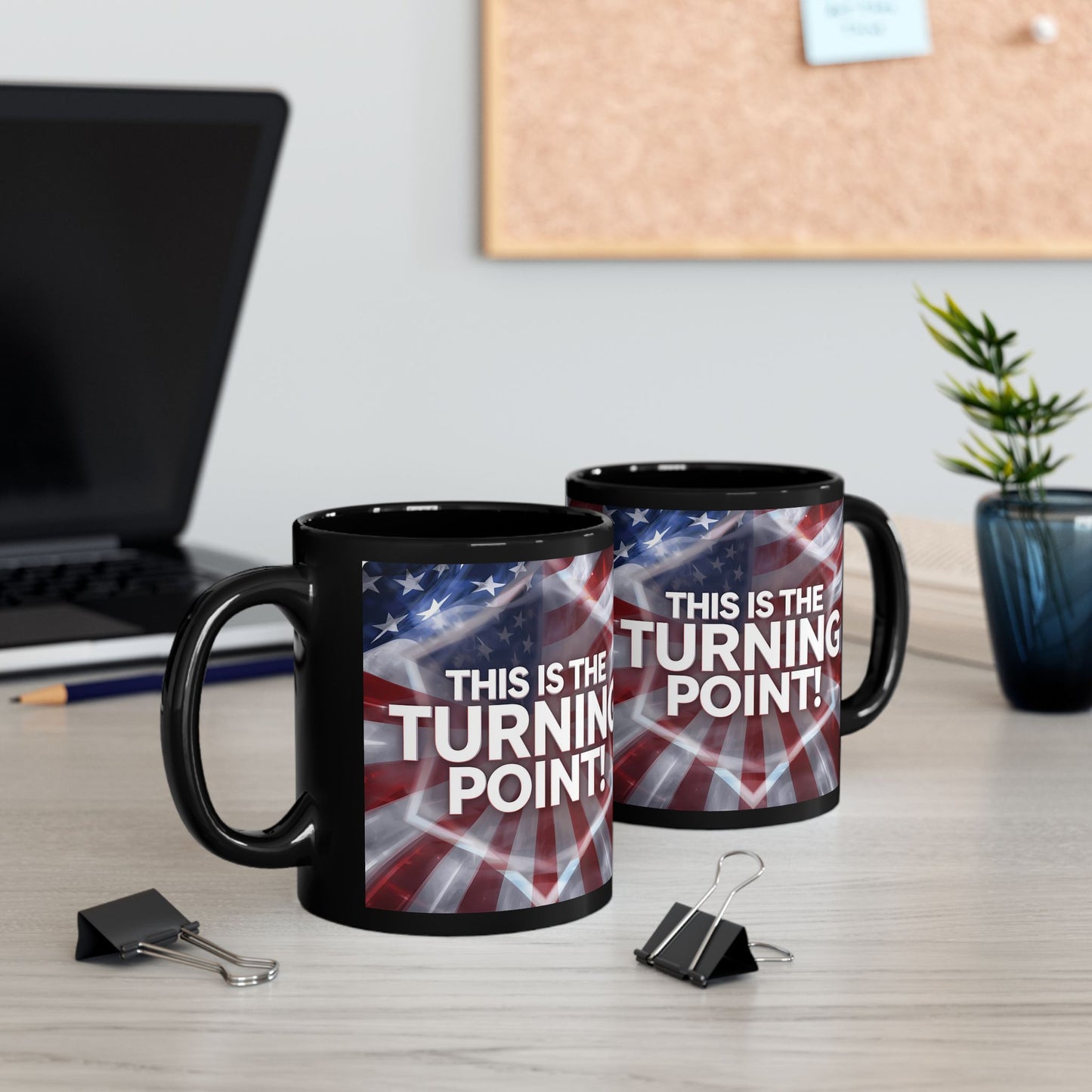 This Is The Turning Point! - Charlie Kirk - Patriotic - American Flag Backdrop- Sleek Black Ceramic Mug - 11oz - 15oz