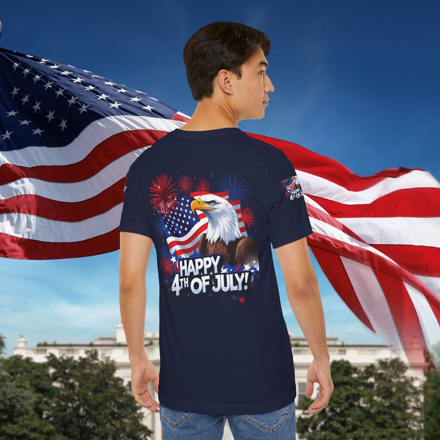 Happy 4th of July, Print Design, Unisex T-Shirt, Patriotic Print Design, Independence Day Shirt, Red White Blue Shirt, USA Tee Gift, Gift For Her, Gift For Him, American Flag, Bald Eagle