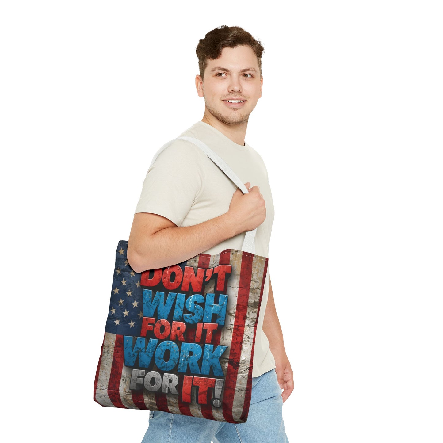 Motivational Tote Bag | American Flag Design | Don't Wish For It, Work For It | Gym, Grocery, Travel, Gifts, Everyday Carry