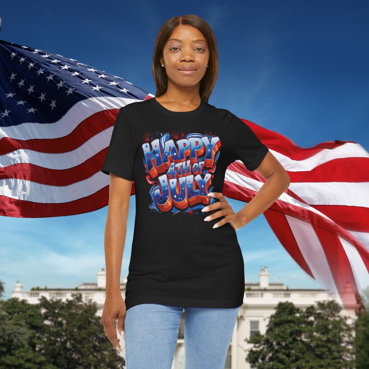 Happy 4th Of July, Print Design T-Shirt, Independence Day, American Flag, Bald Eagle, Red White Blue