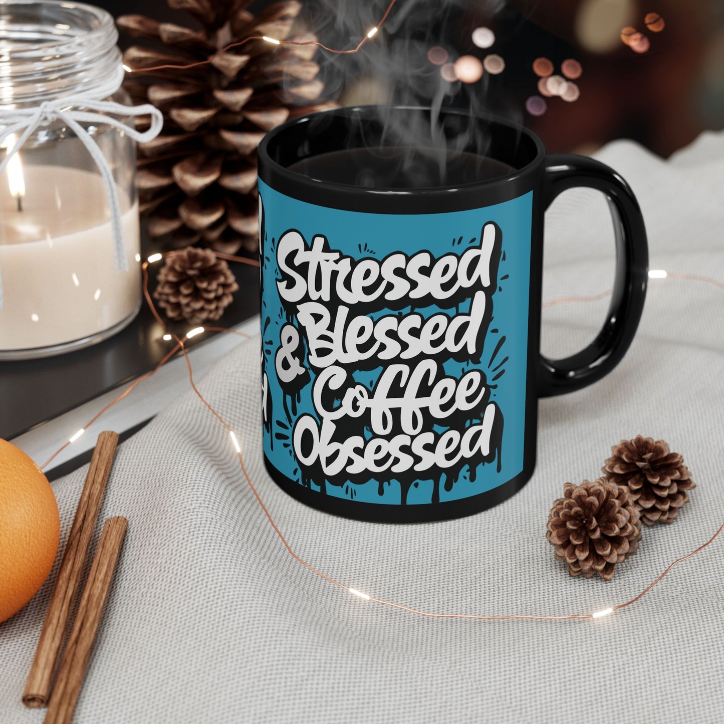 Coffee Lover's 11oz & 15oz Sleek Black Ceramic Mug - Stressed, Blessed & Coffee Obsessed Print, Gift for Coffee Lovers, Gift For Her, Inspirational Mug, Home & Office, Fun Gift Idea