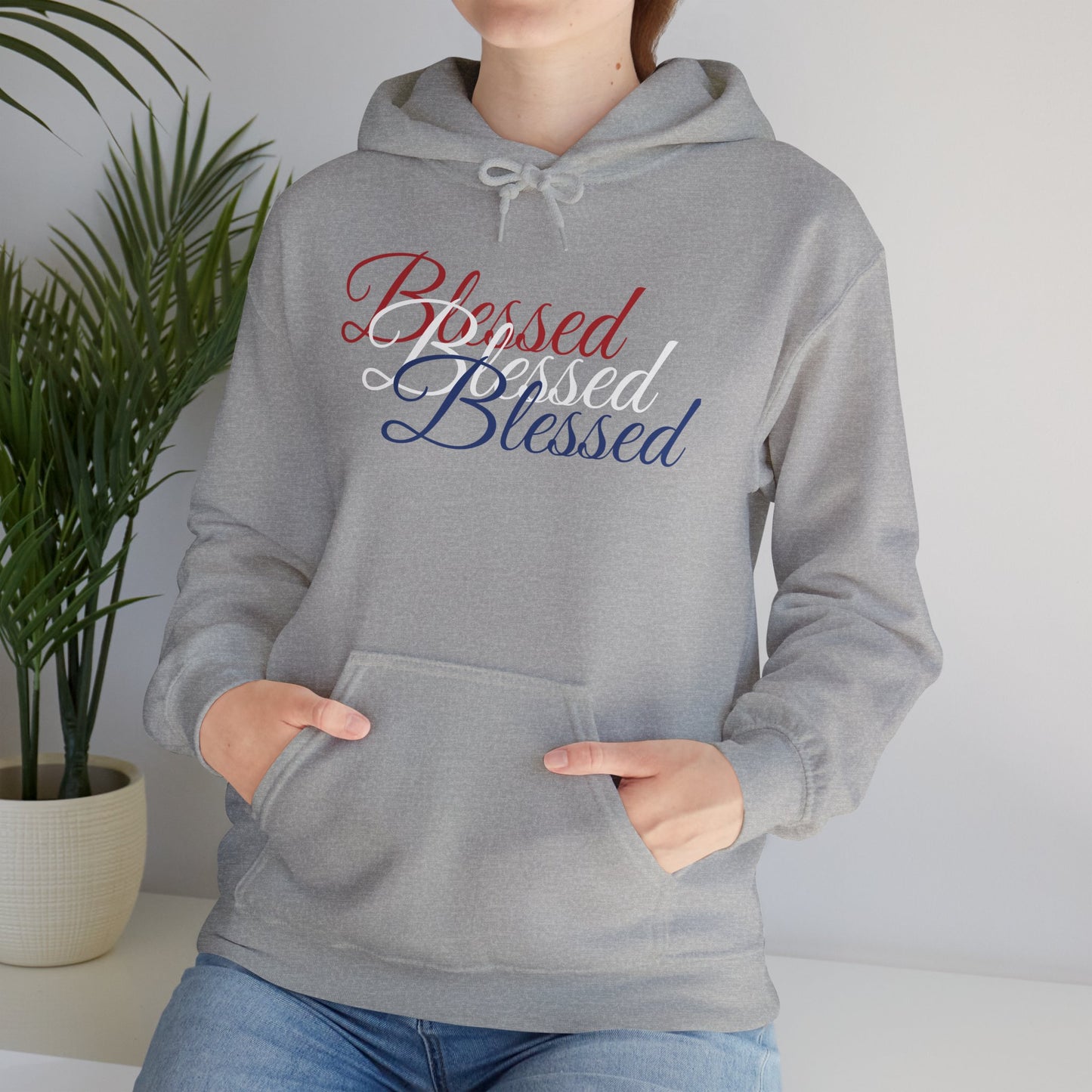 Blessed Hoodie – Patriotic Red, White & Blue Unisex Pullover Sweatshirt with Front & Back Print – Cozy, Positive Vibes Gift