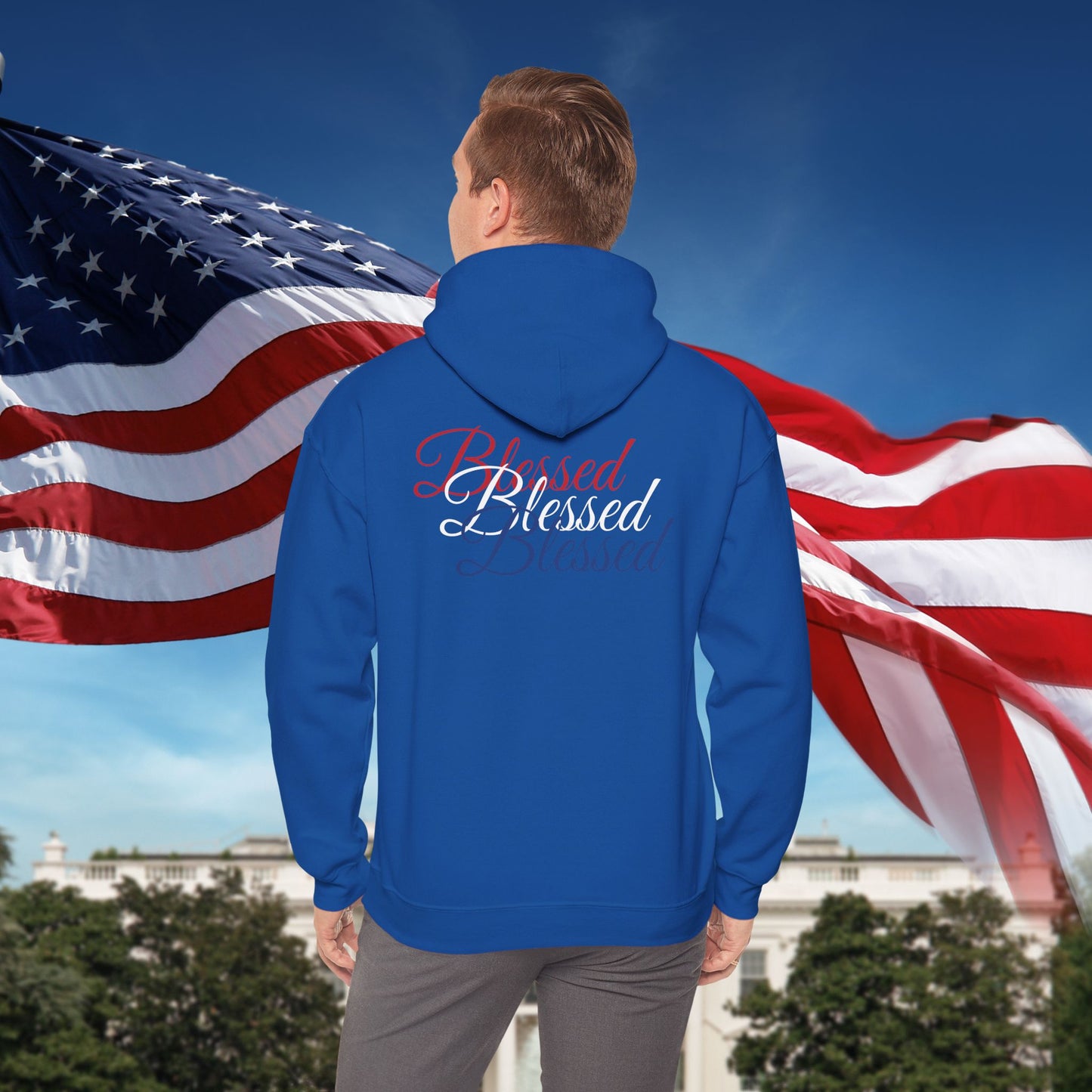 Blessed Hoodie – Patriotic Red, White & Blue Unisex Pullover Sweatshirt with Front & Back Print – Cozy, Positive Vibes Gift