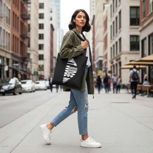 Don't Judge Me - Tote Bag - Stylish and Practical for Daily Use - 3 Sizes - 13" x 13" - 16" x 16" - 18" x 18 - 5 Colored Handle Options - Black - Red - Beige - White - Navy