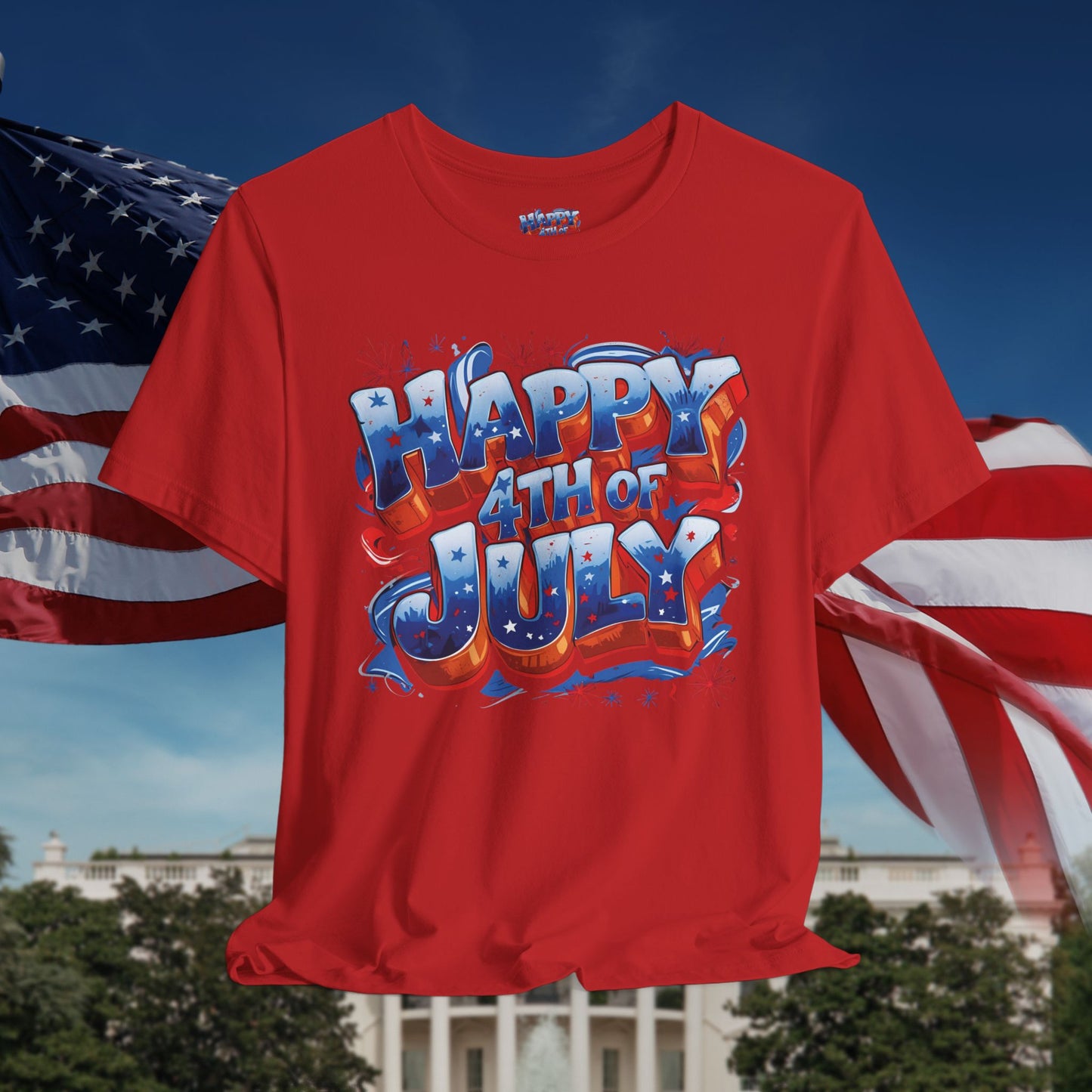 Happy 4th Of July, Print Design T-Shirt, Independence Day, American Flag, Bald Eagle, Red White Blue