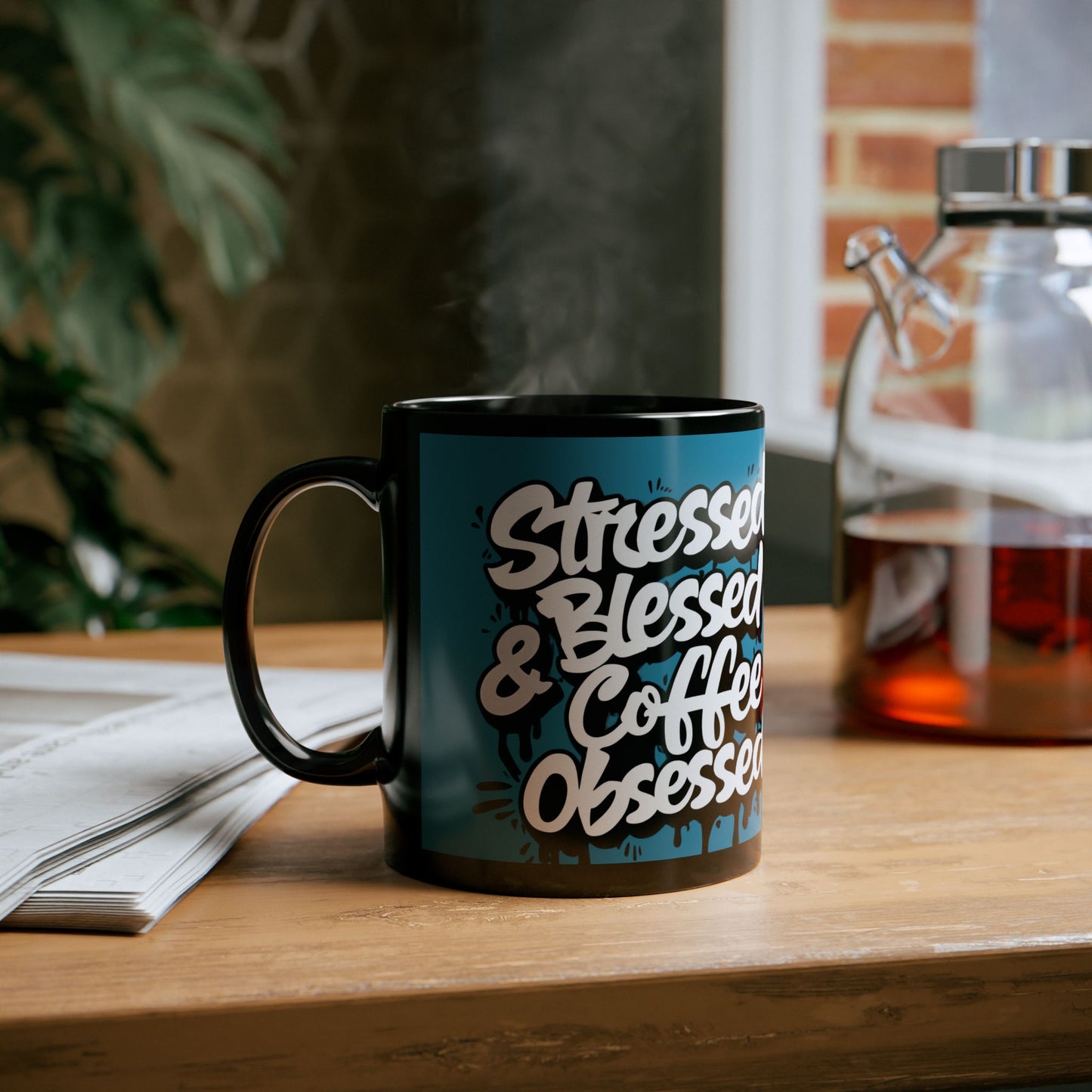 Coffee Lover's 11oz & 15oz Sleek Black Ceramic Mug - Stressed, Blessed & Coffee Obsessed Print, Gift for Coffee Lovers, Gift For Her, Inspirational Mug, Home & Office, Fun Gift Idea